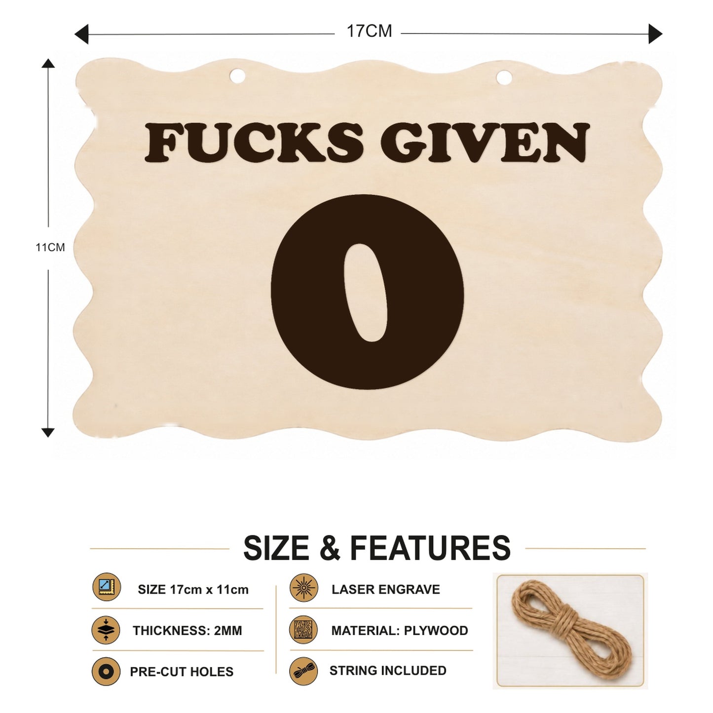 0 F**ks Given wooden plaque showing 17 x 11 cm size and product features