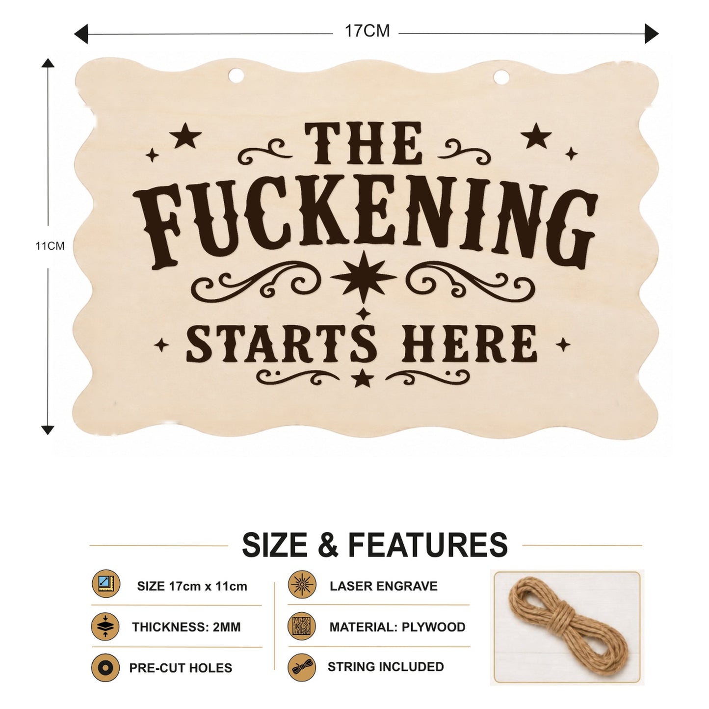 The F**kening Starts Here plaque showing 20 x 10 cm size and product features