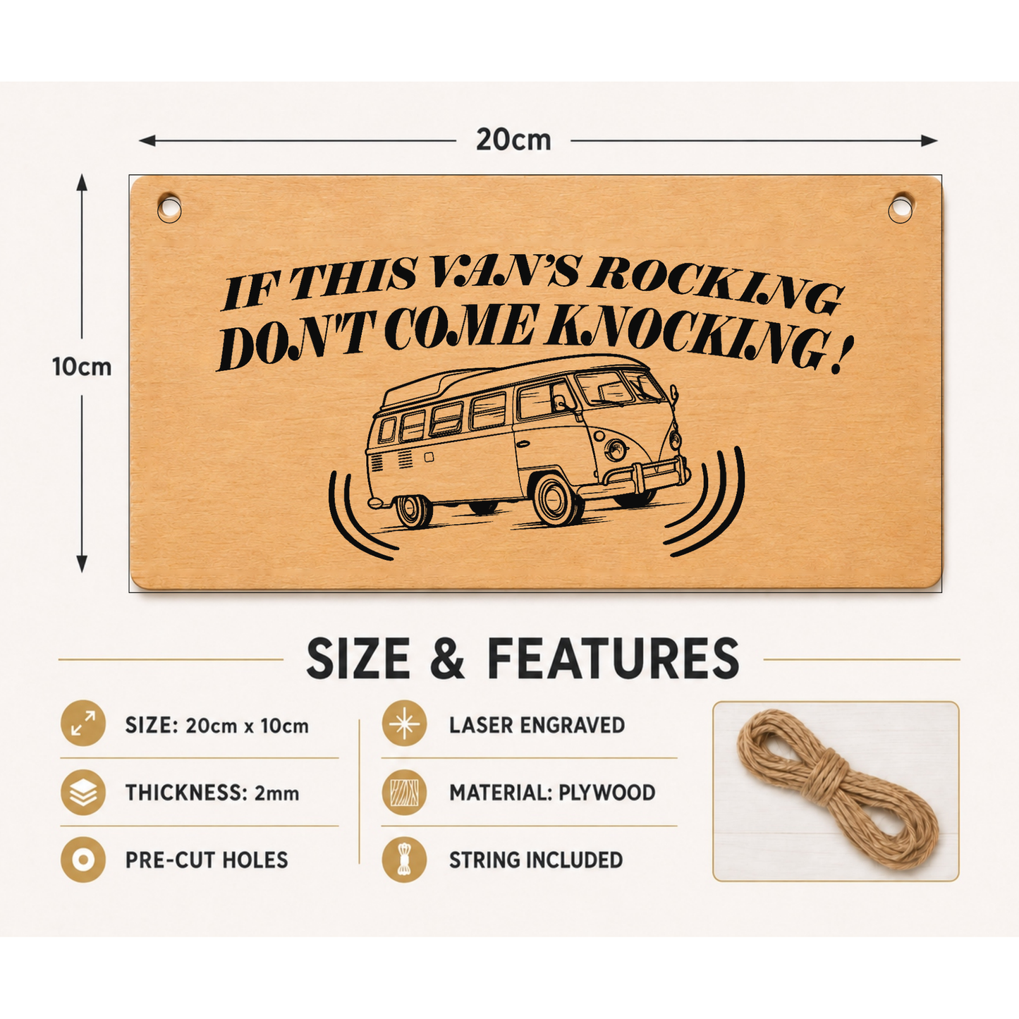 If the Van’s Rocking wooden plaque showing dimensions and product features