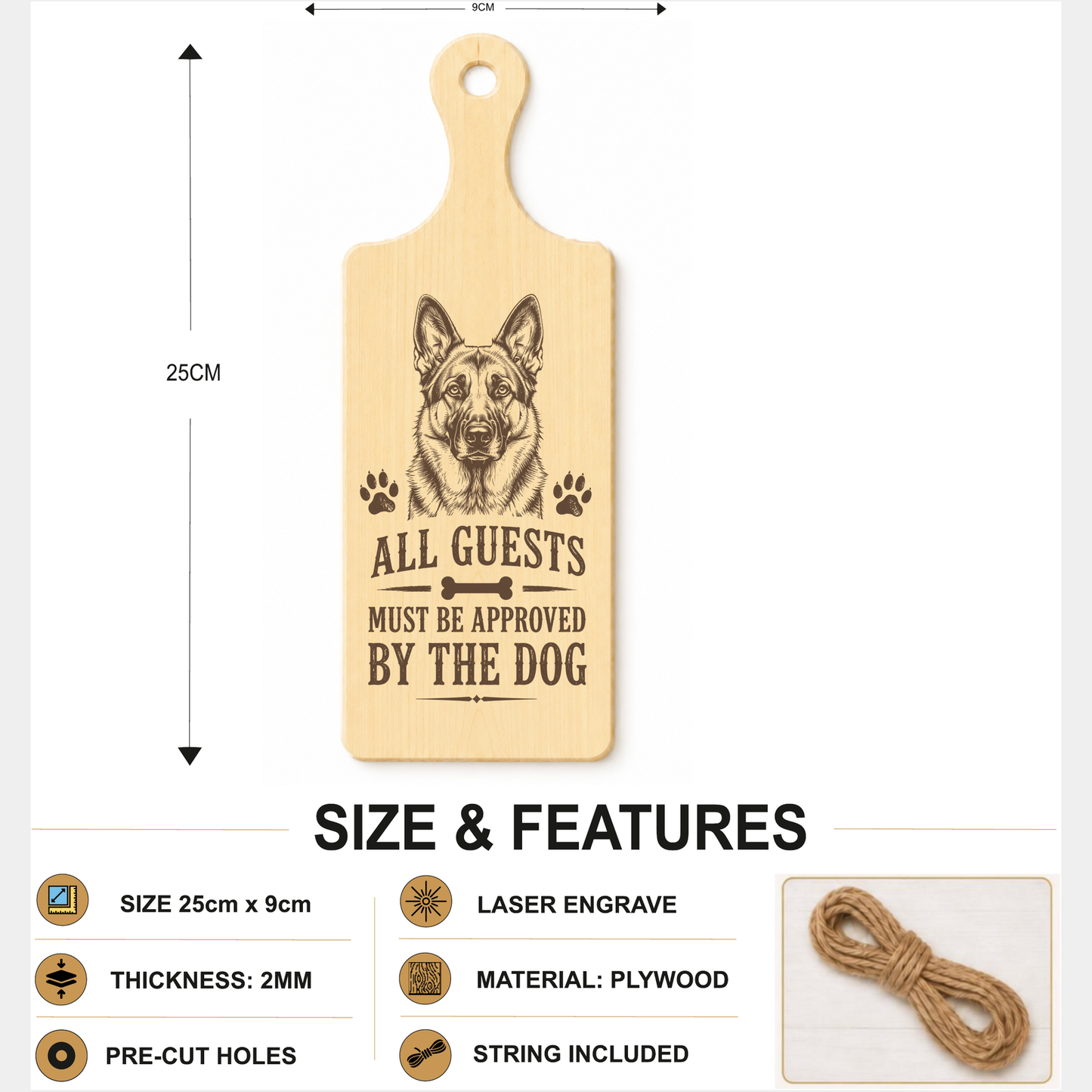All Guests Must Be Approved By The Dog plaque showing 24 x 9 cm size and product features