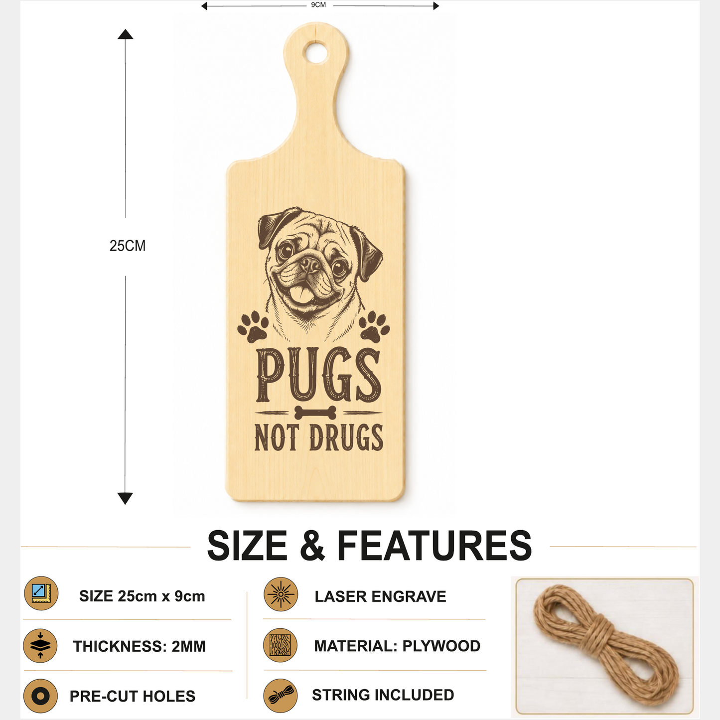 Pugs Not Drugs plaque showing 24 x 9 cm size and product features