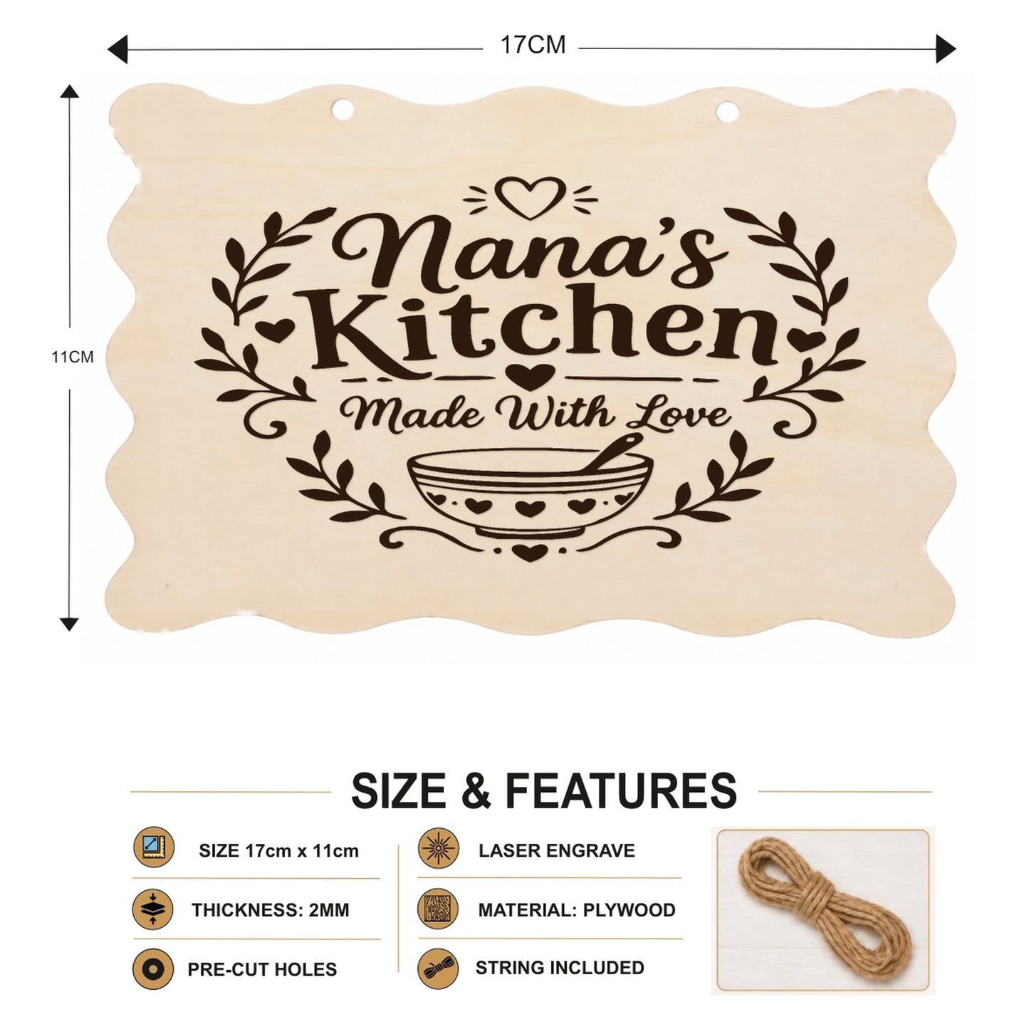 Nana’s Kitchen Made With Love plaque showing 20 x 10 cm size and product features
