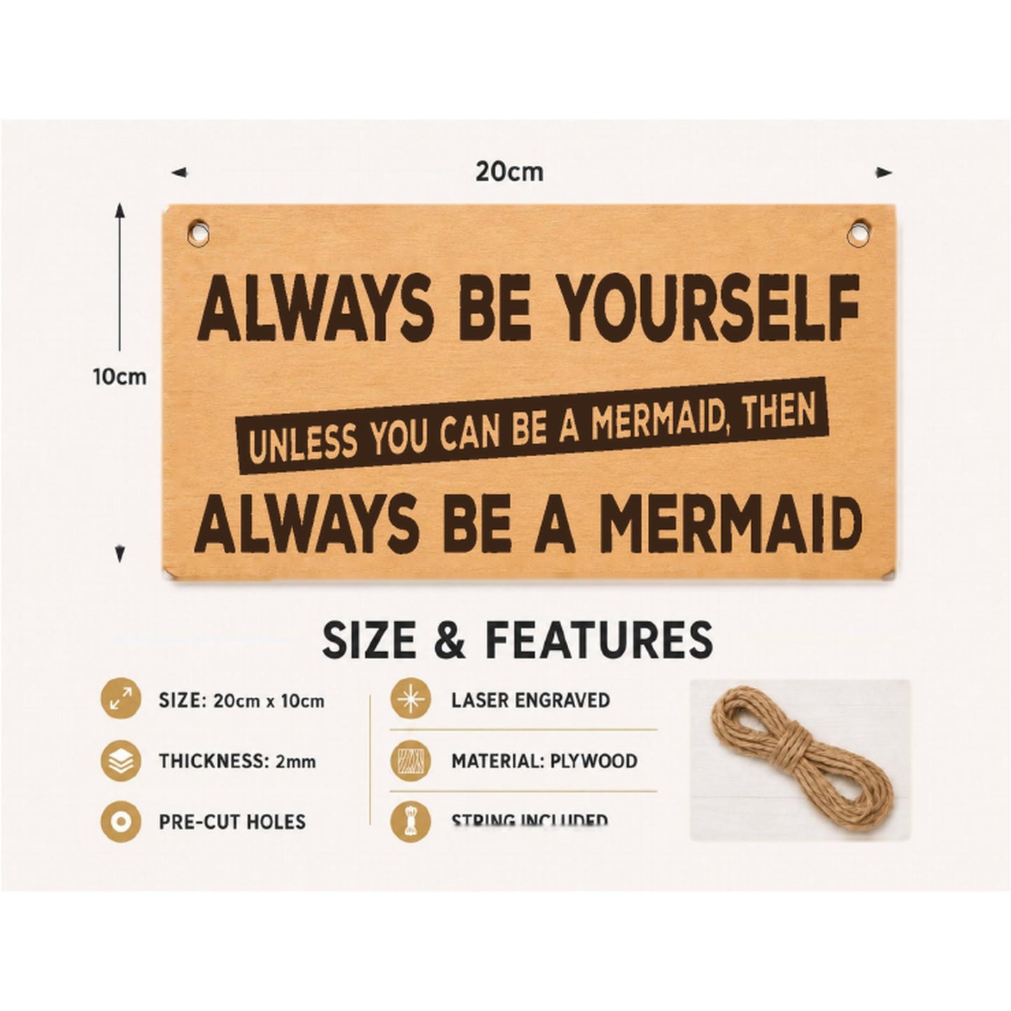 Always Be a Mermaid plaque showing 20 x 10 cm size and product features