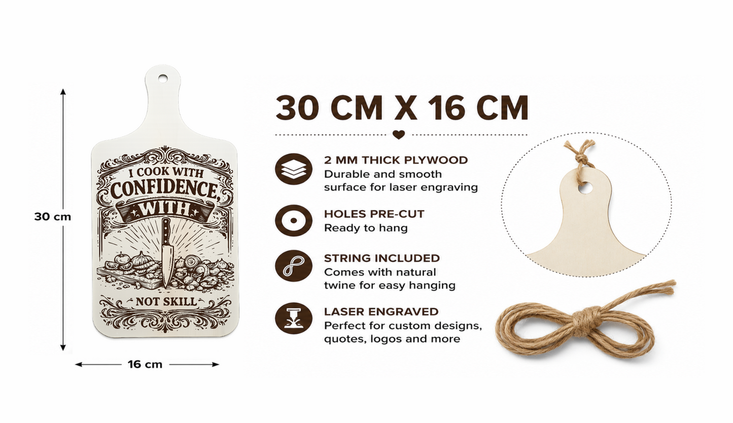 I Cook With Confidence wooden plaque size guide showing 30 x 16 cm and 2 mm thickness