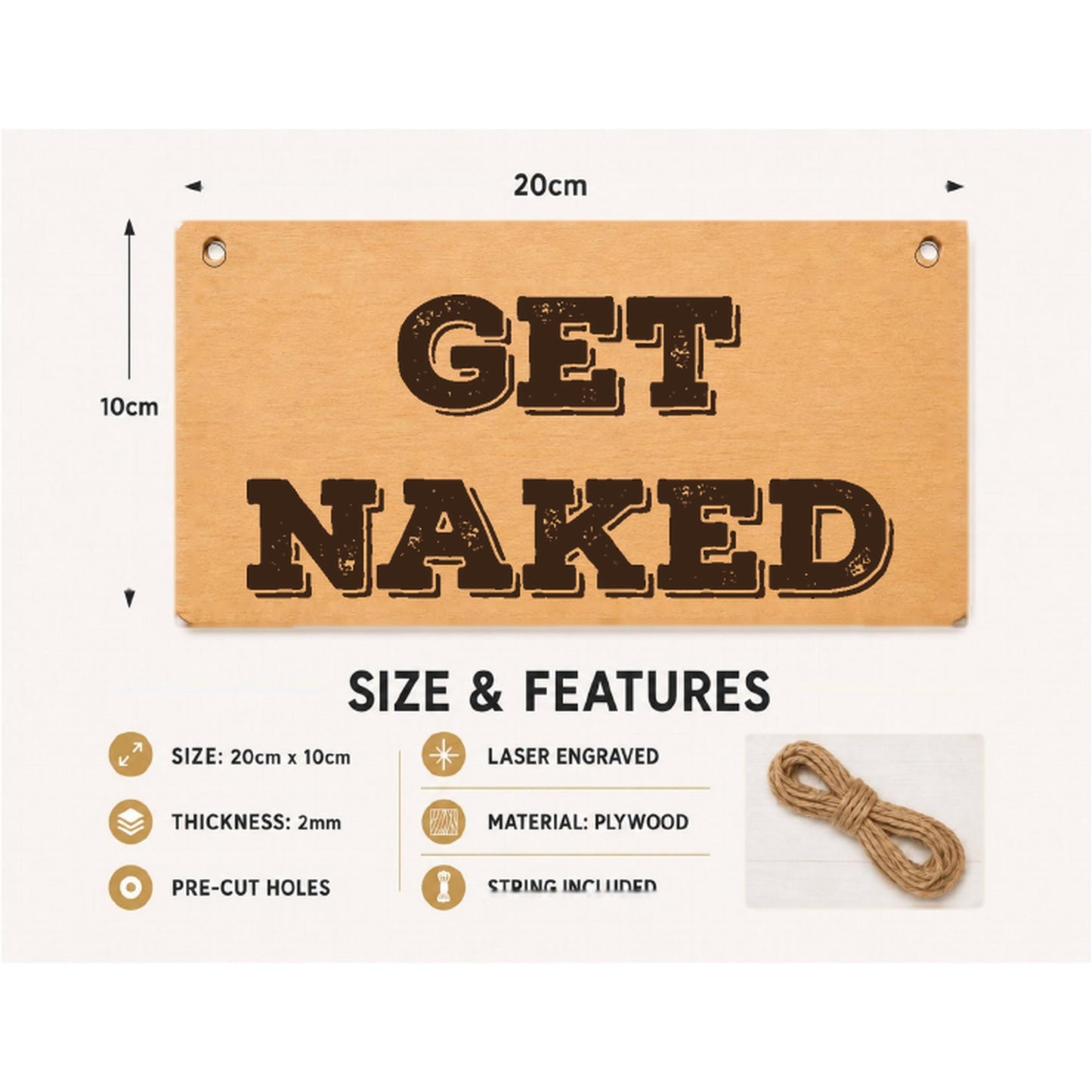 Get Naked plaque showing 20 x 10 cm size and product features