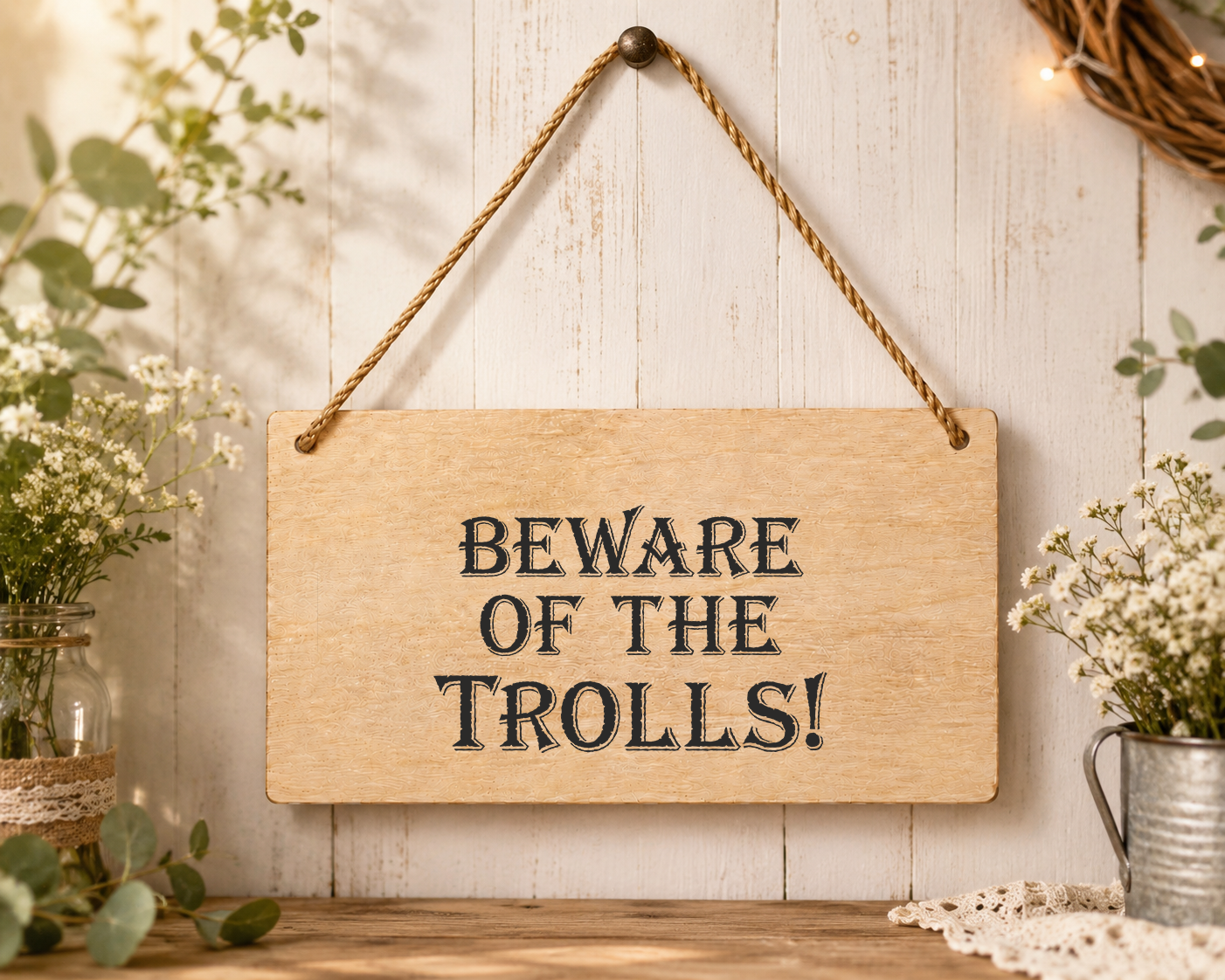 Beware Of The Trolls Laser Engraved Wooden Plaque – Funny Hanging Sign 20cm x 10cm