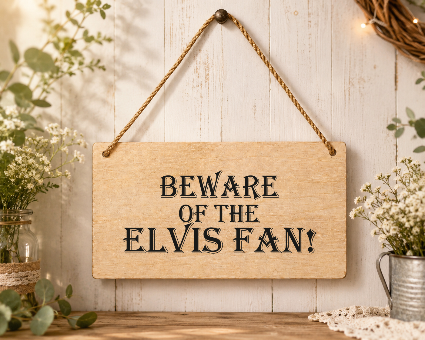 Beware Of The Elvis Fan Laser Engraved Wooden Plaque – Funny Hanging Sign 20cm x 10cm