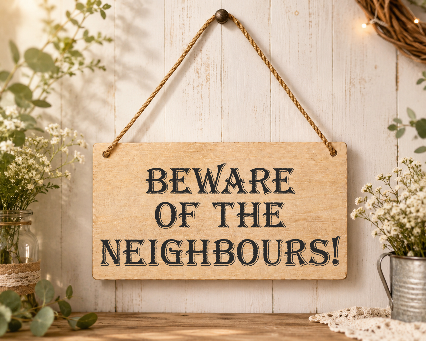 Beware Of The Neighbours Laser Engraved Wooden Plaque – Funny Hanging Sign 20cm x 10cm