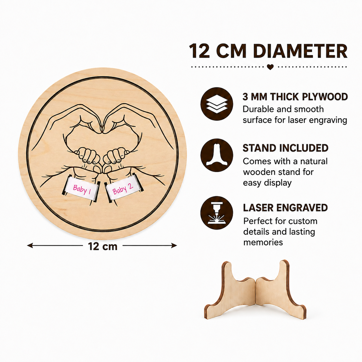 Two babies plaque size, material and stand information