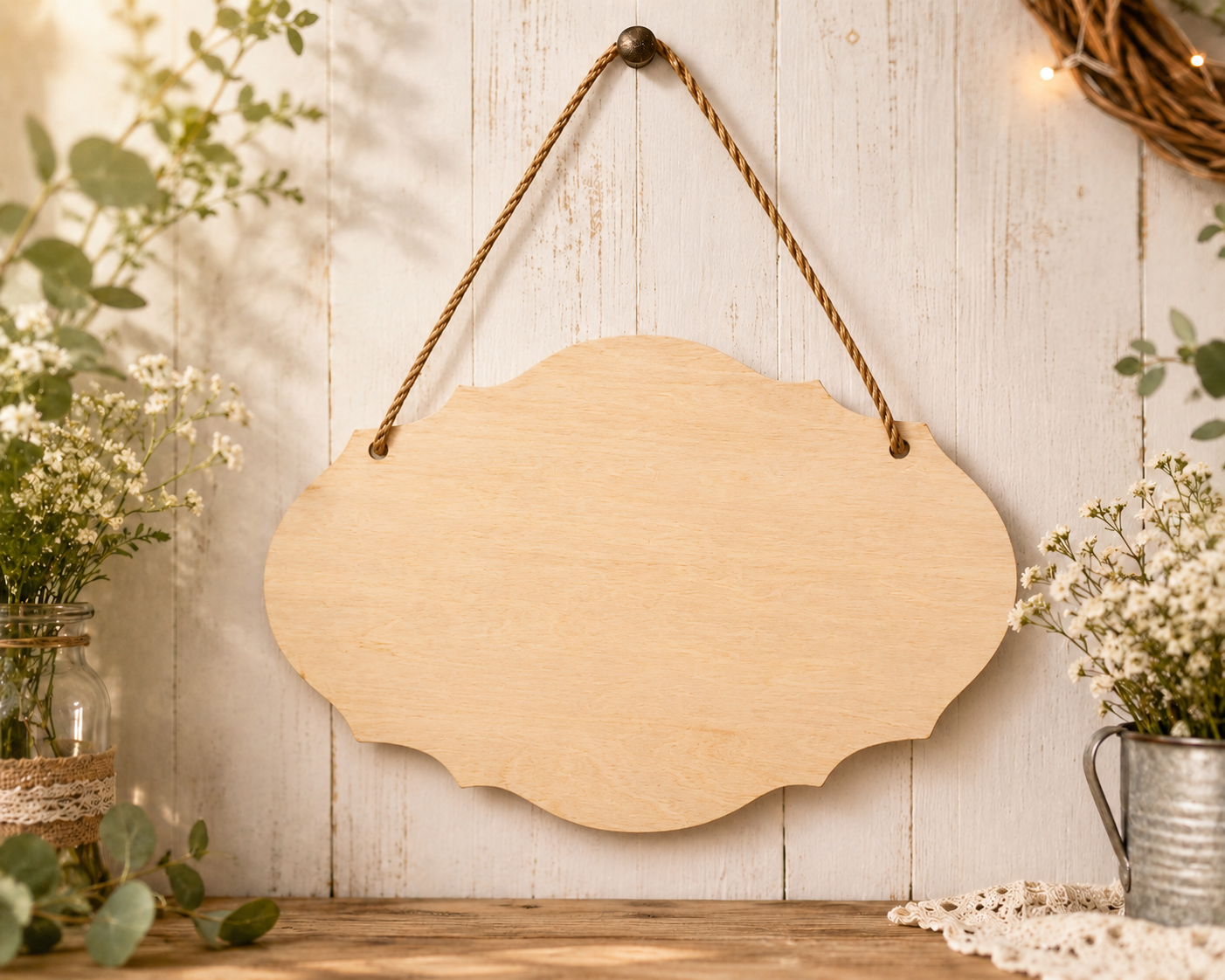 Laser engraved fancy oval wooden hanging plaque