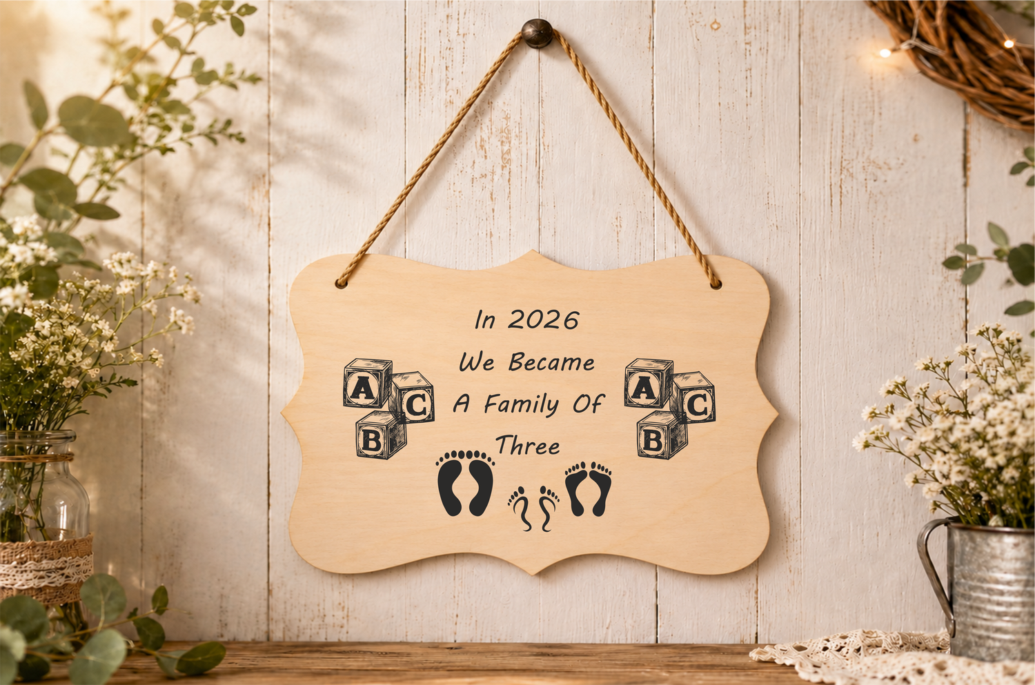 Laser engraved curved wooden hanging plaque