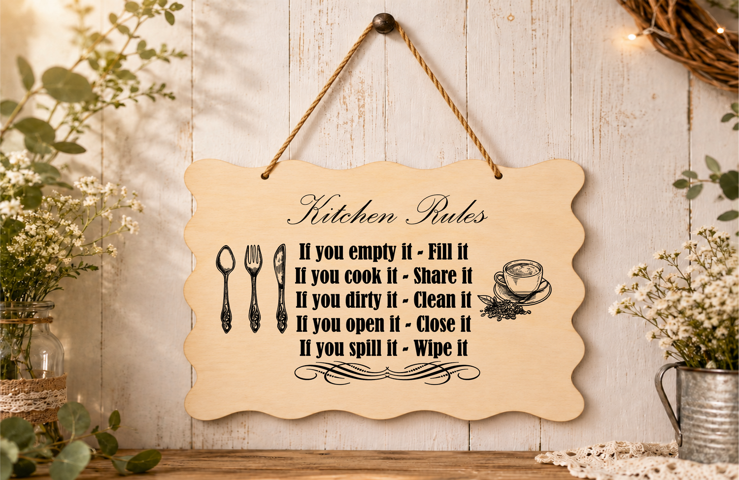 Laser engraved scalloped wooden hanging plaque