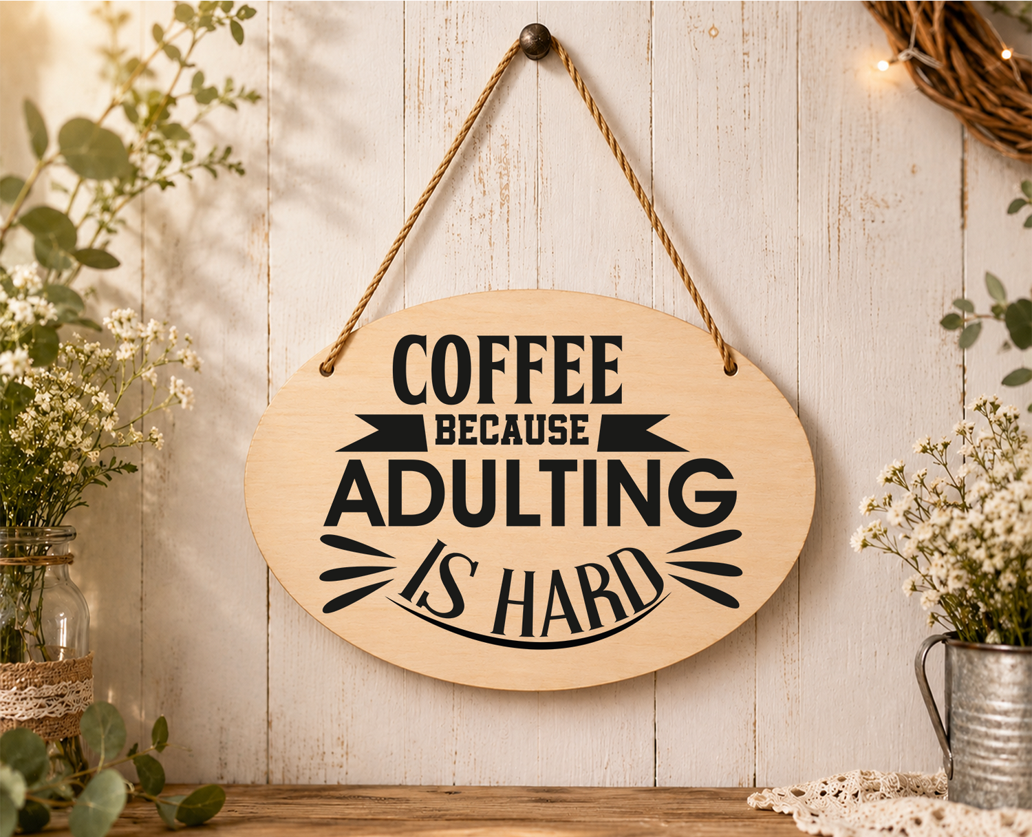 Laser engraved oval wooden hanging plaque