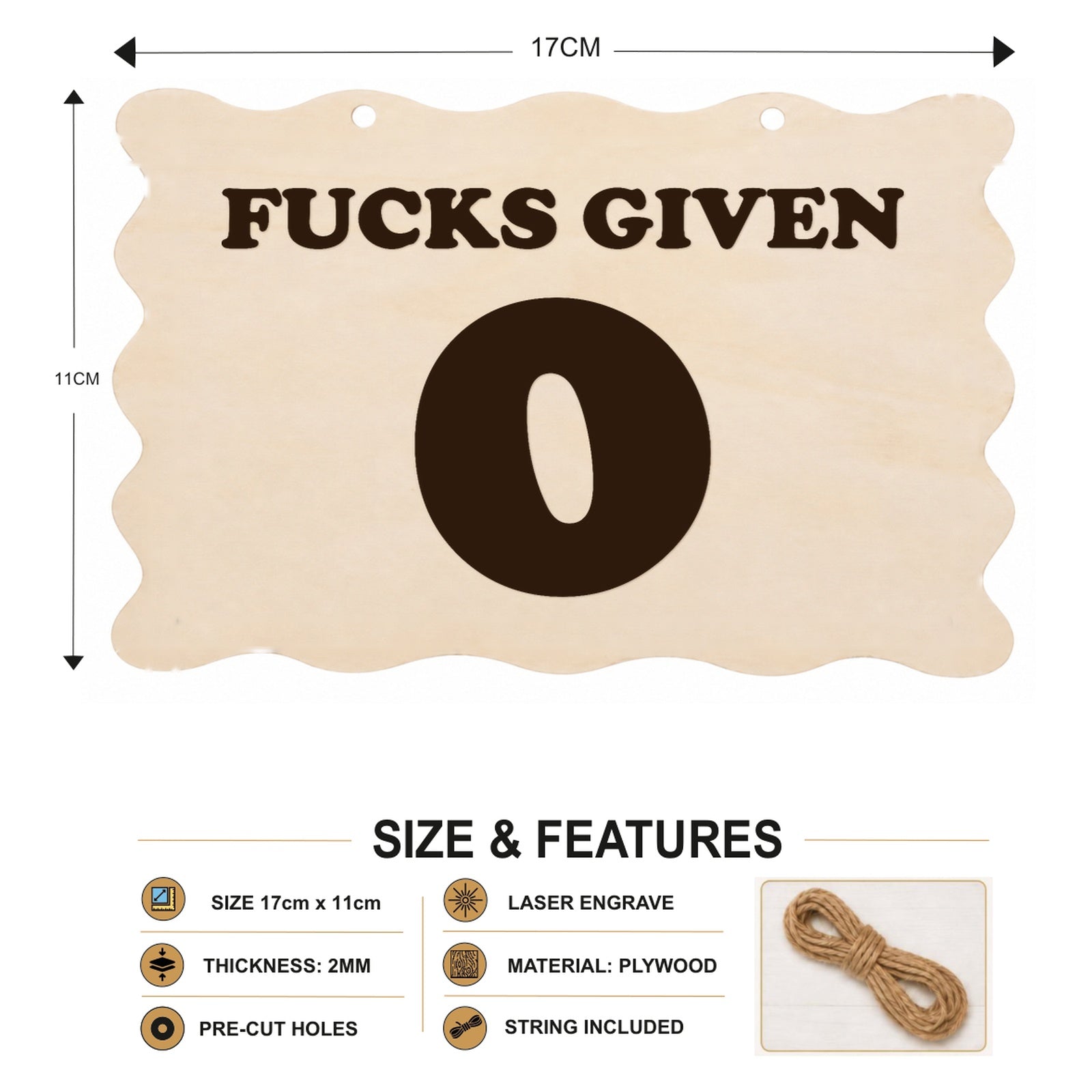 0 F**ks Given wooden plaque showing 17 x 11 cm size and product features
