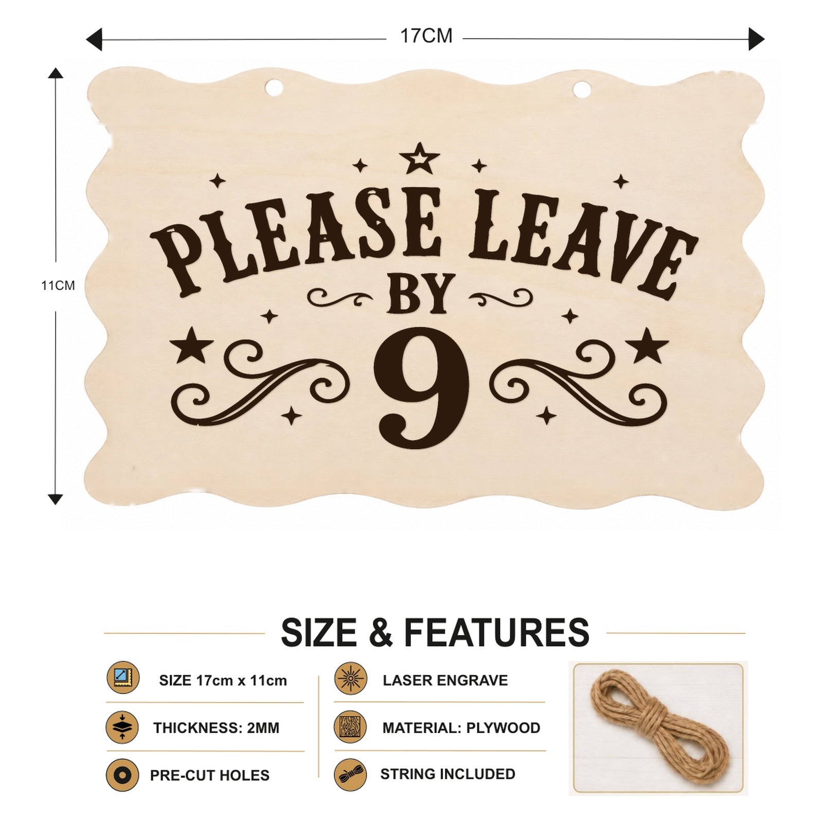 Please Leave by 9 plaque showing 20 x 10 cm size and product features