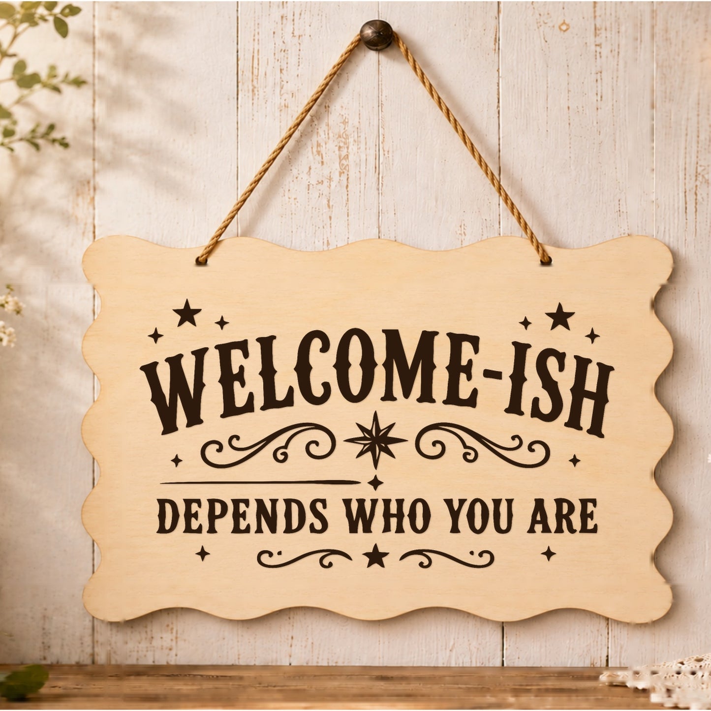 Welcome-ish Depends Who You Are plaque displayed by a front door