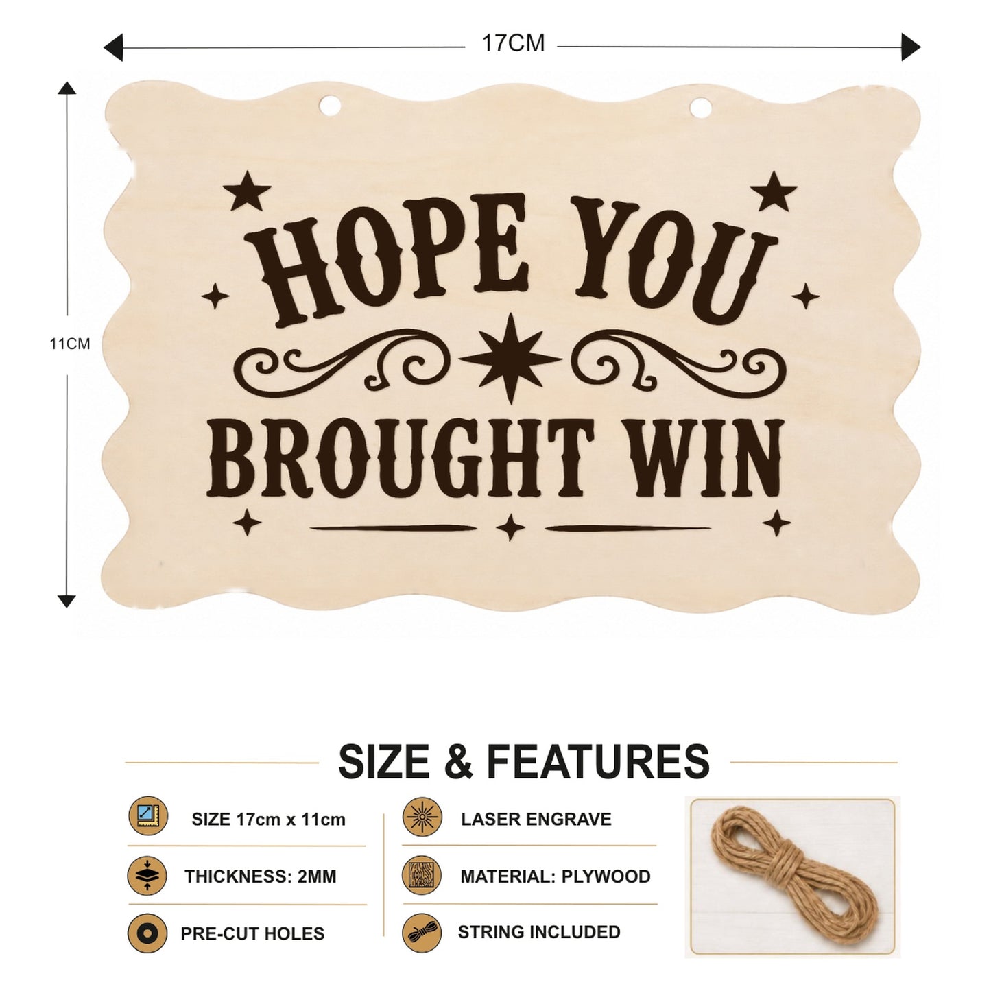 Hope You Brought Wine plaque showing 20 x 10 cm size and product features
