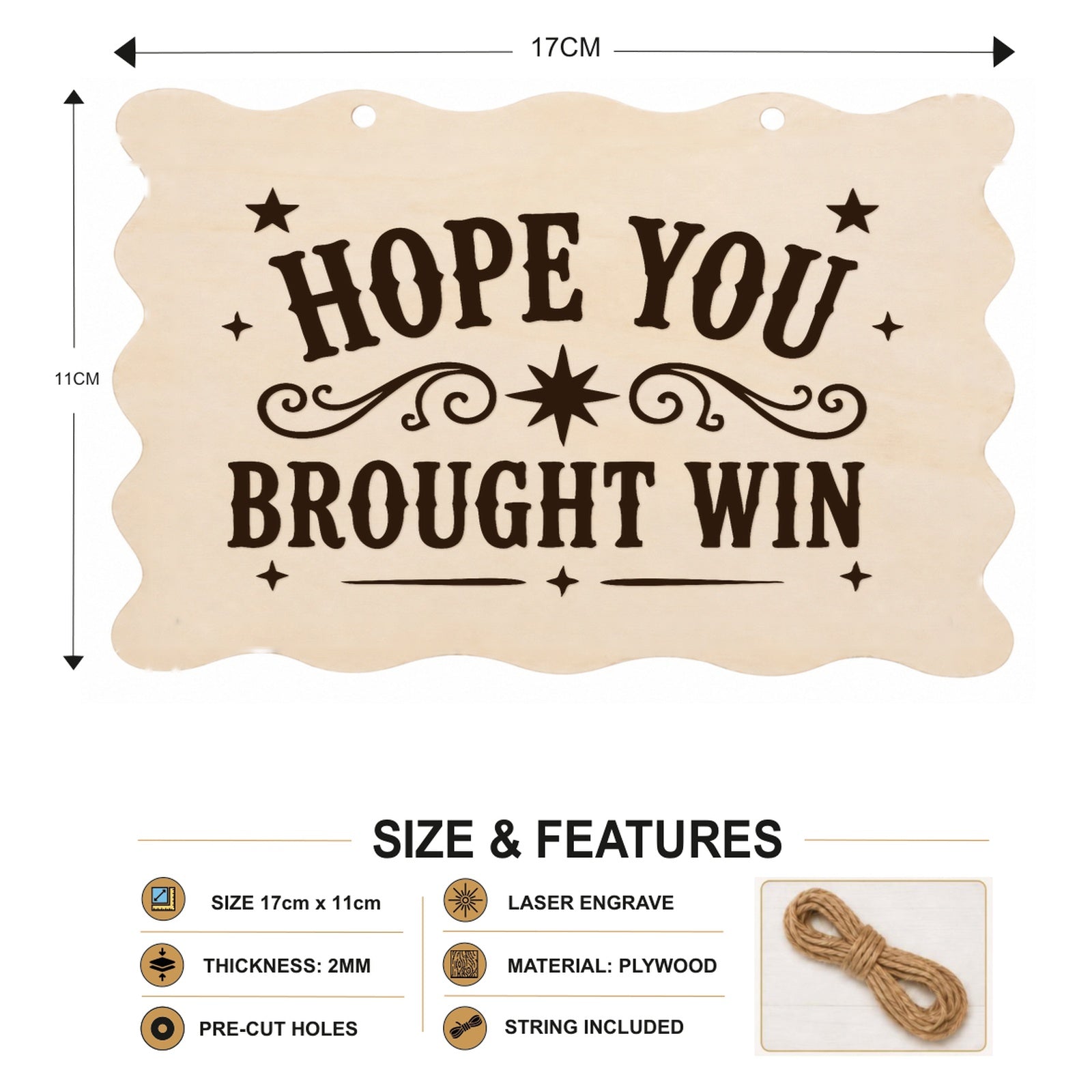 Hope You Brought Wine plaque showing 20 x 10 cm size and product features