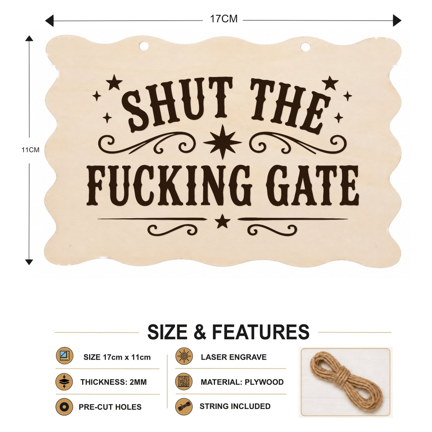 Shut the F**king Gate plaque showing 20 x 10 cm size and product features