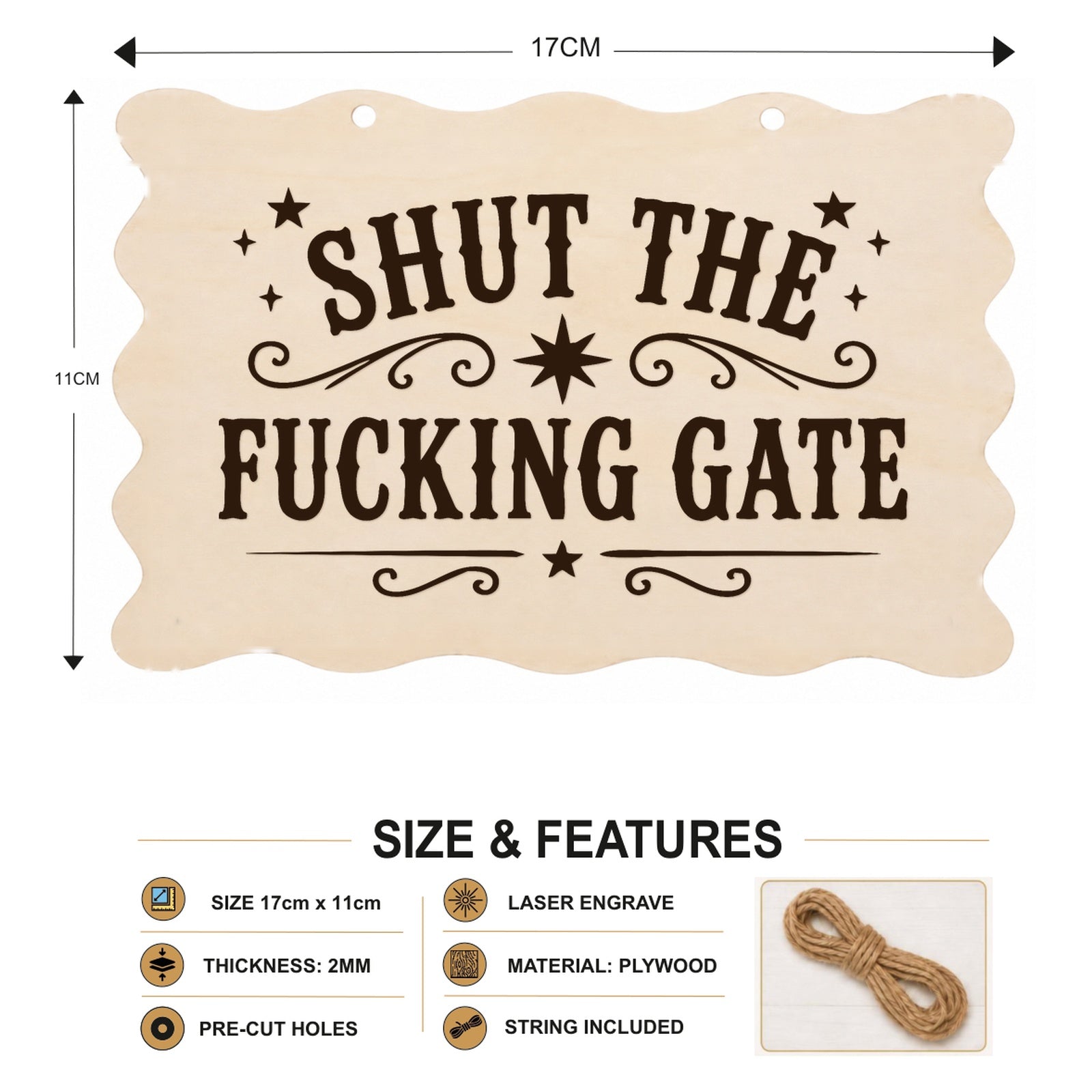 Shut the F**king Gate plaque showing 20 x 10 cm size and product features