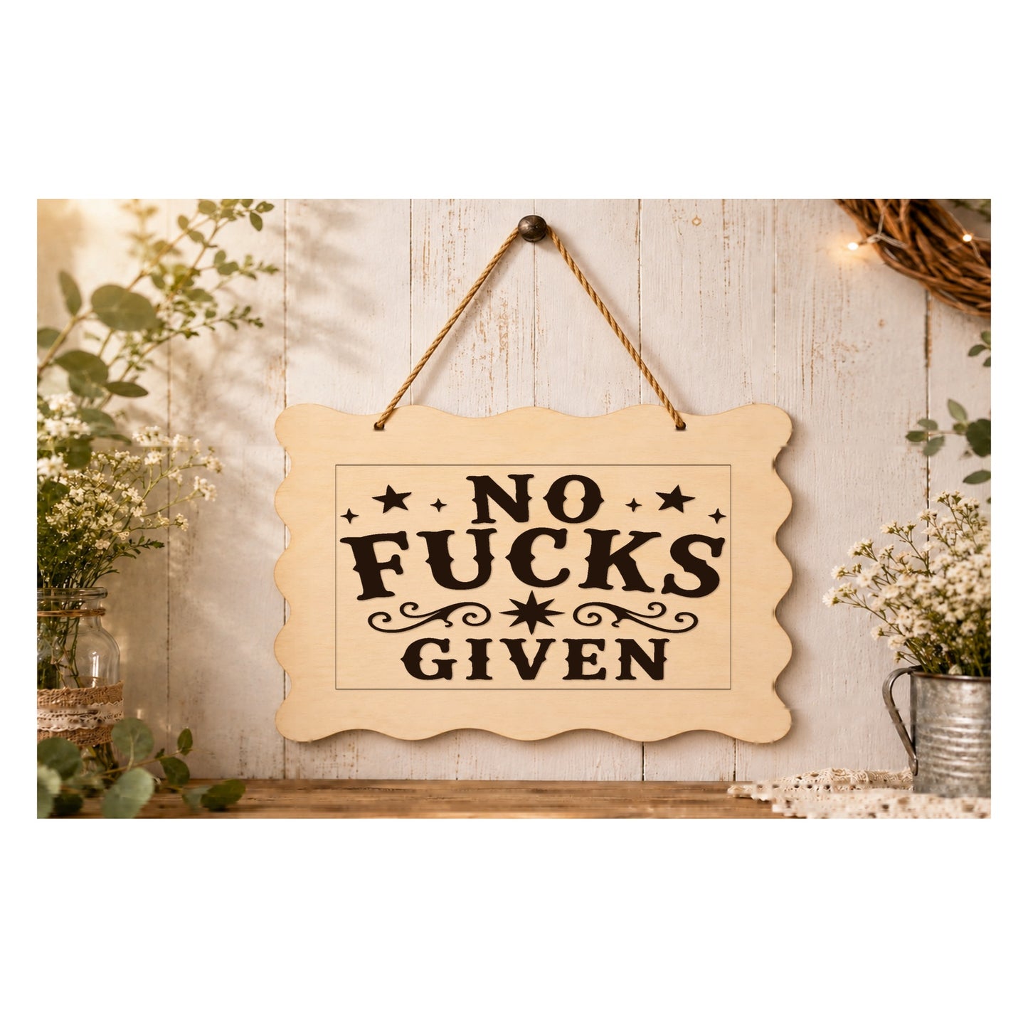 No F**ks Given wooden plaque displayed in a home setting
