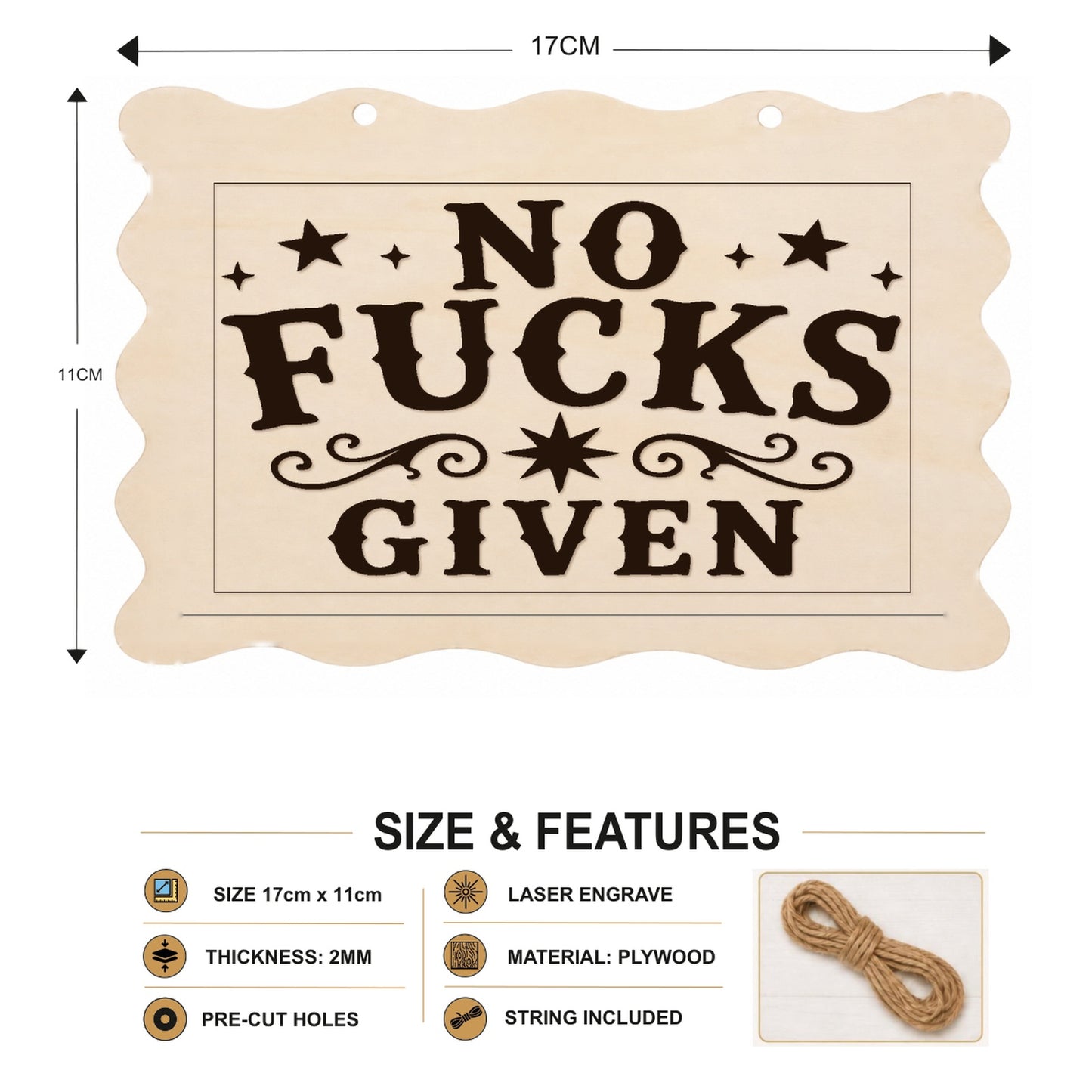 No F**ks Given plaque showing 20 x 10 cm size and product features