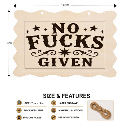 No F**ks Given plaque showing 20 x 10 cm size and product features