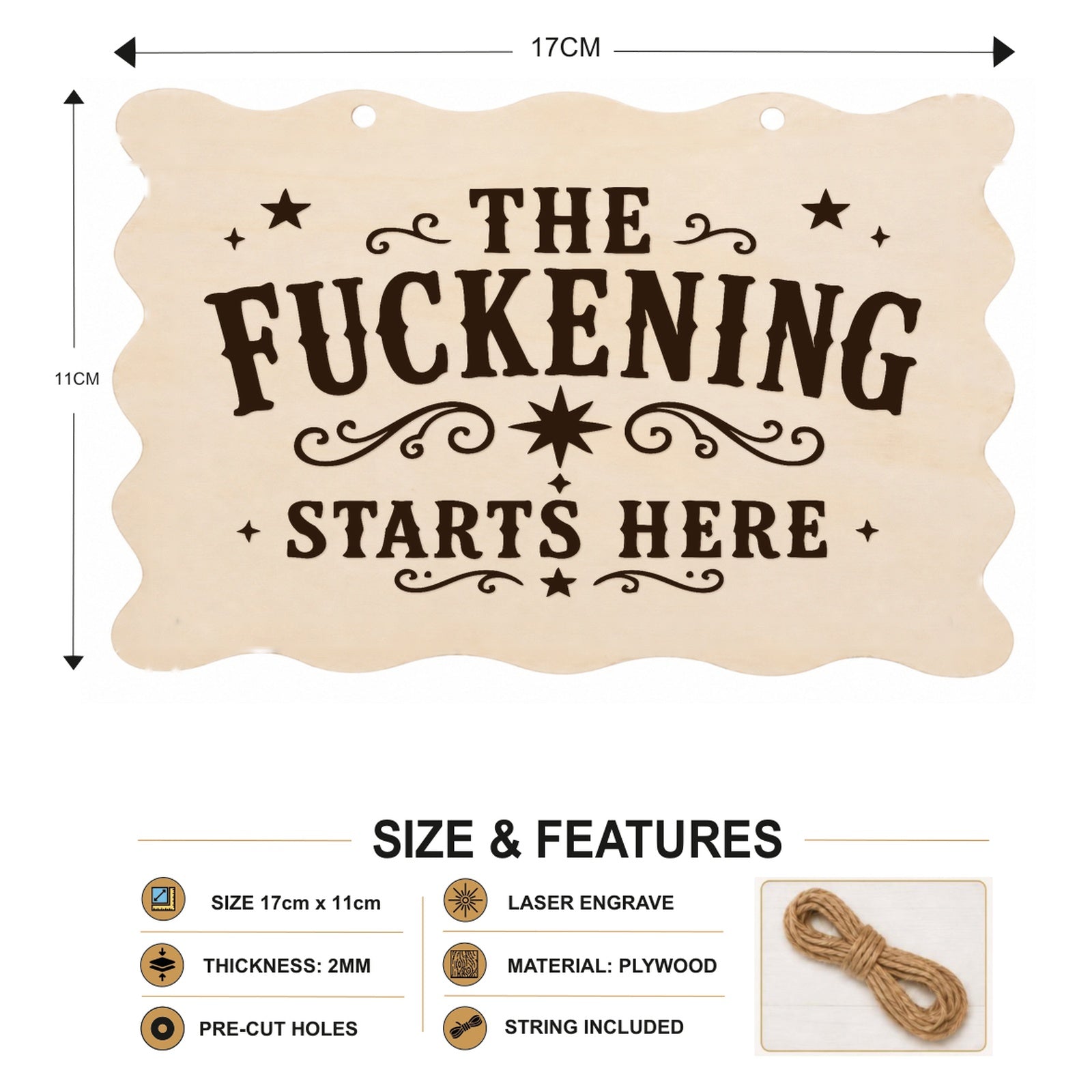 The F**kening Starts Here plaque showing 20 x 10 cm size and product features
