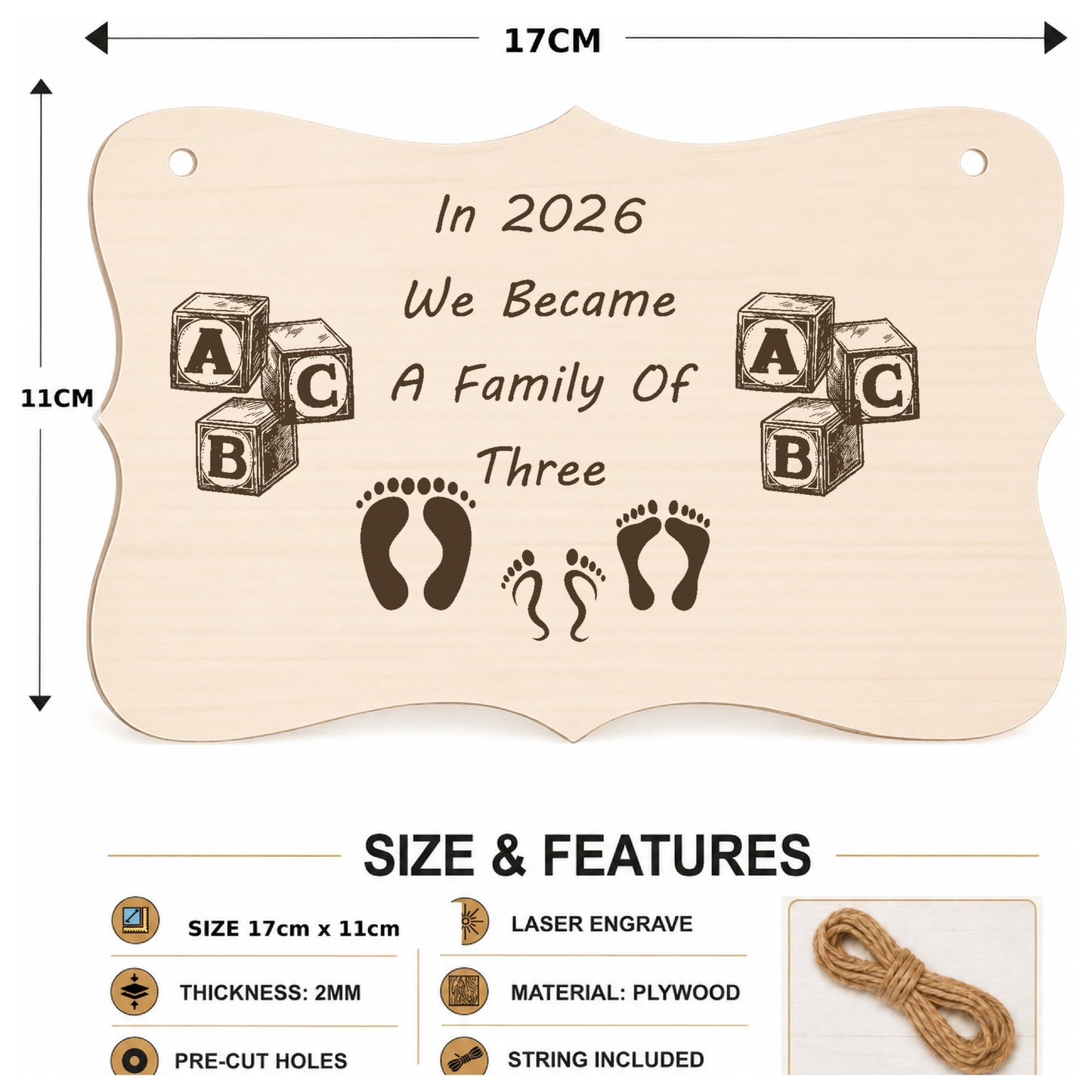 In 2026 We Became a Family of 3 plaque showing 17 x 11 cm size and product features