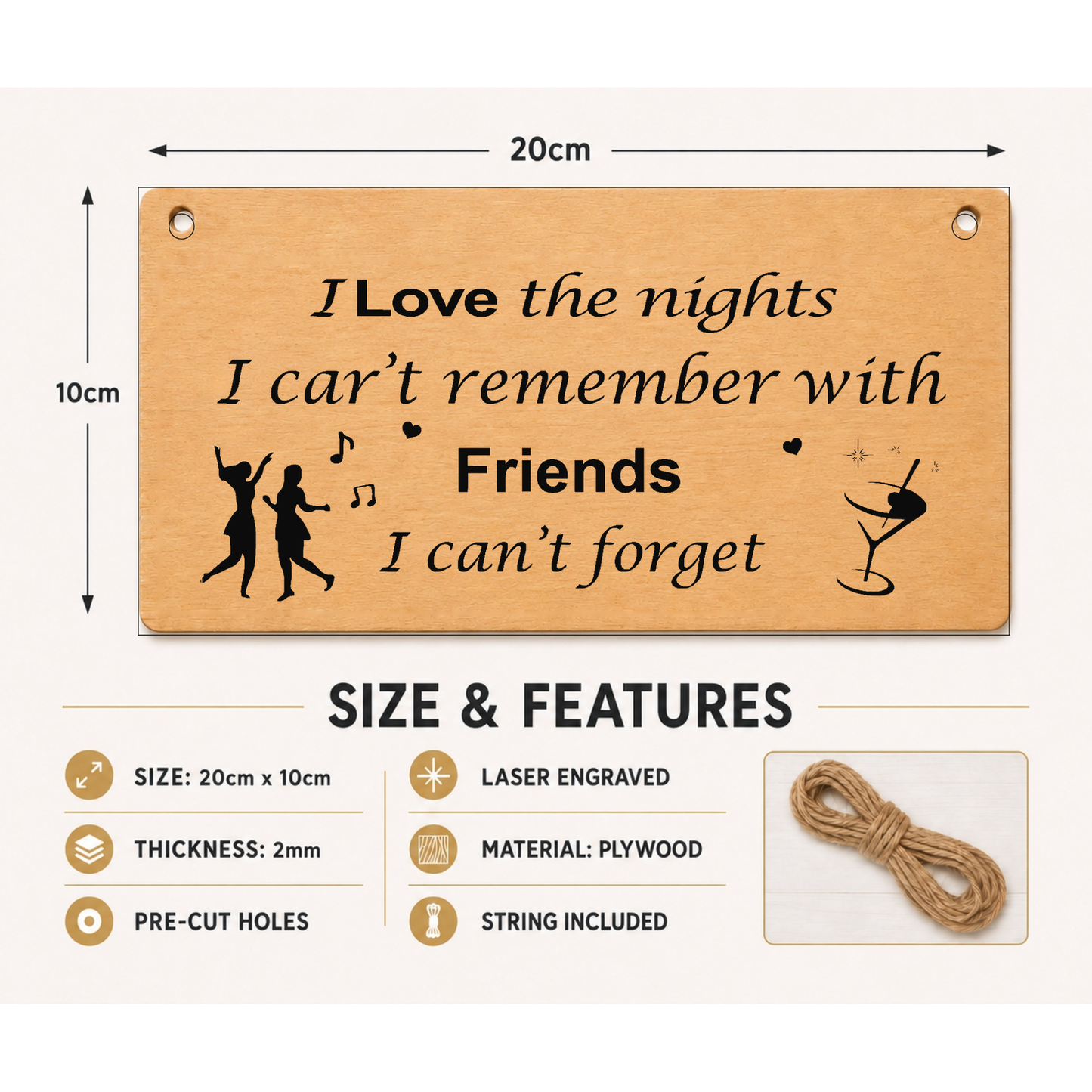 Nights With Friends wooden plaque showing dimensions and product features