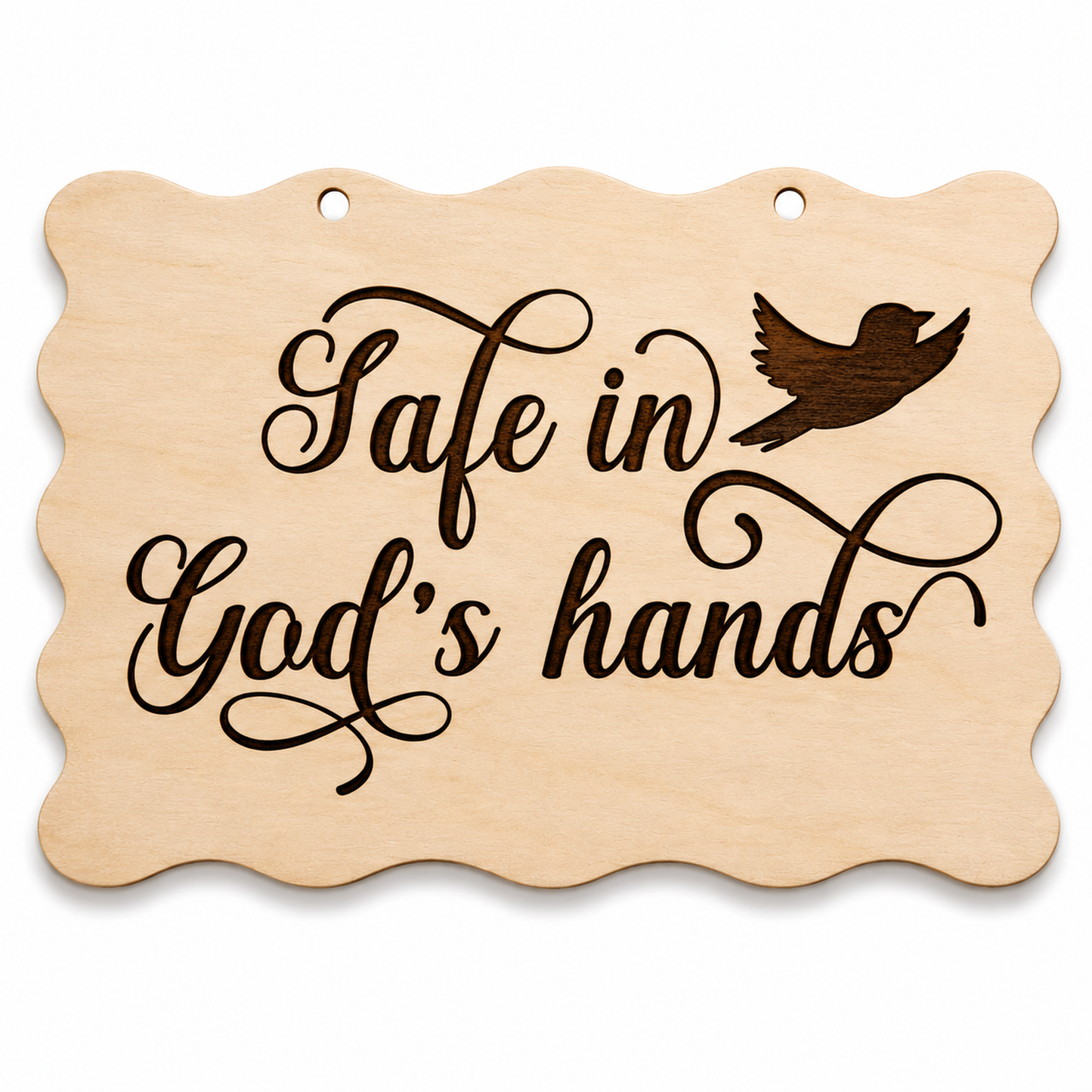 Safe in God's Hands laser engraved scalloped memorial plaque