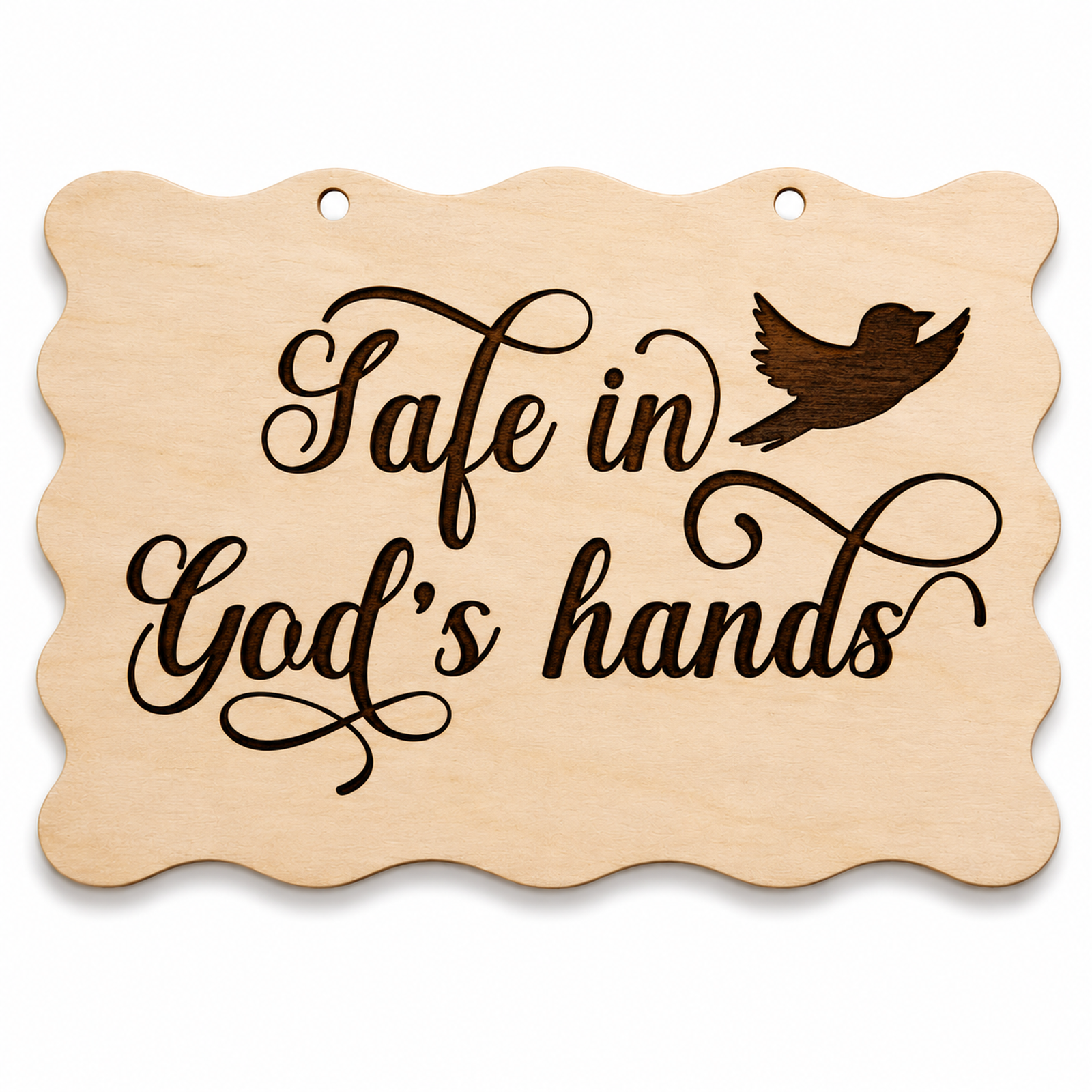 Safe in God's Hands laser engraved scalloped memorial plaque