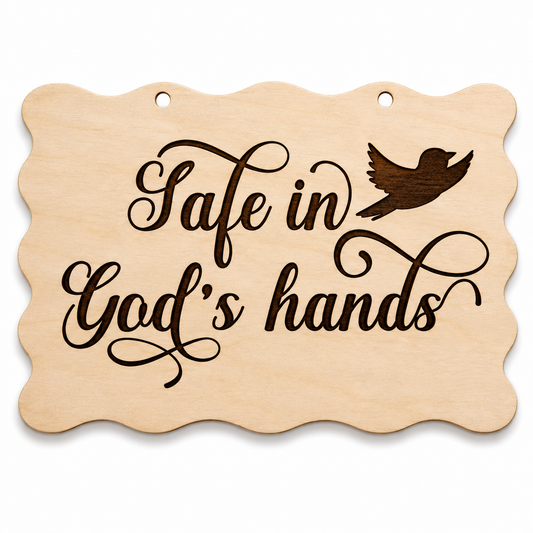 Safe in God's Hands laser engraved scalloped memorial plaque
