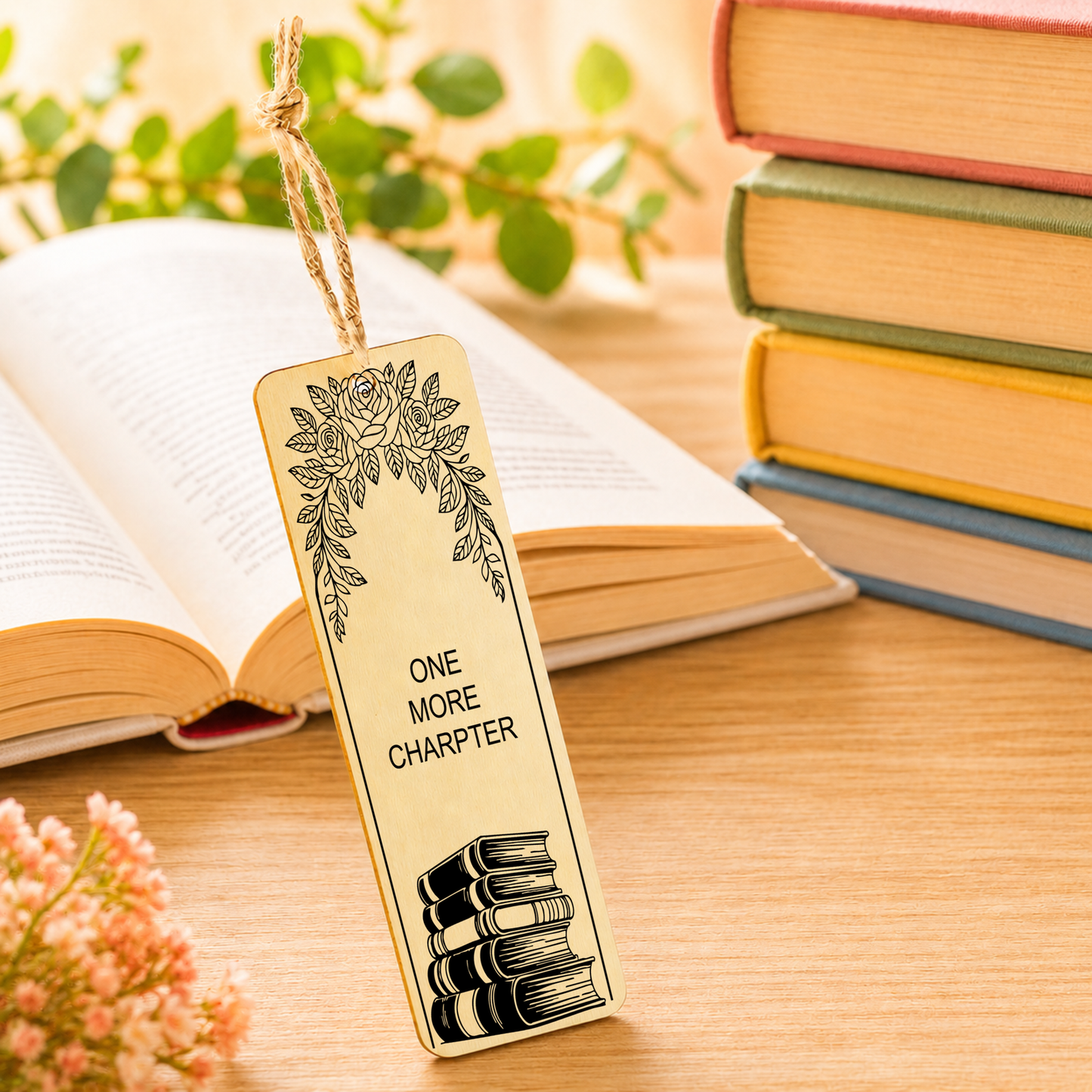Just One More Chapter wooden bookmark displayed with a book