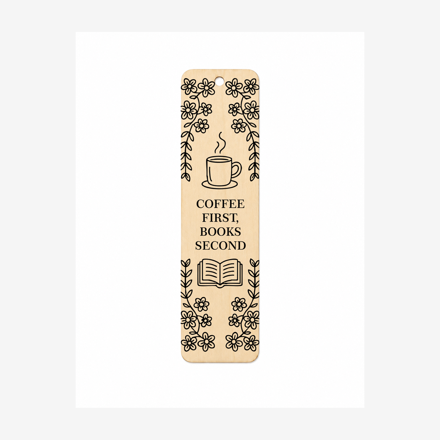 Coffee First Books Second oval wooden plaque on a white background