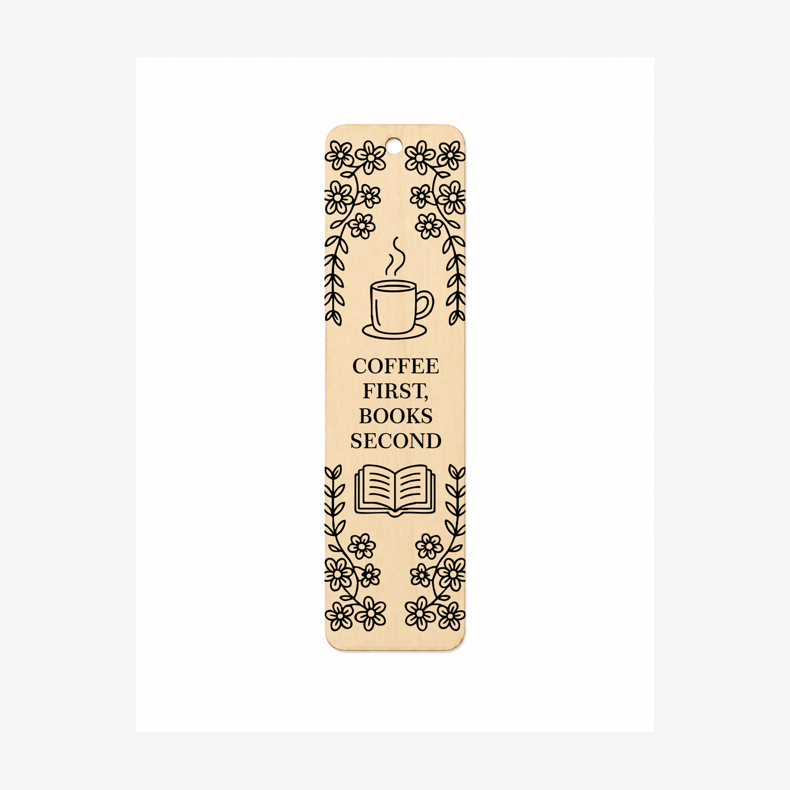 Coffee First Books Second oval wooden plaque on a white background
