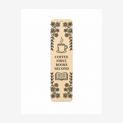 Coffee First Books Second oval wooden plaque on a white background