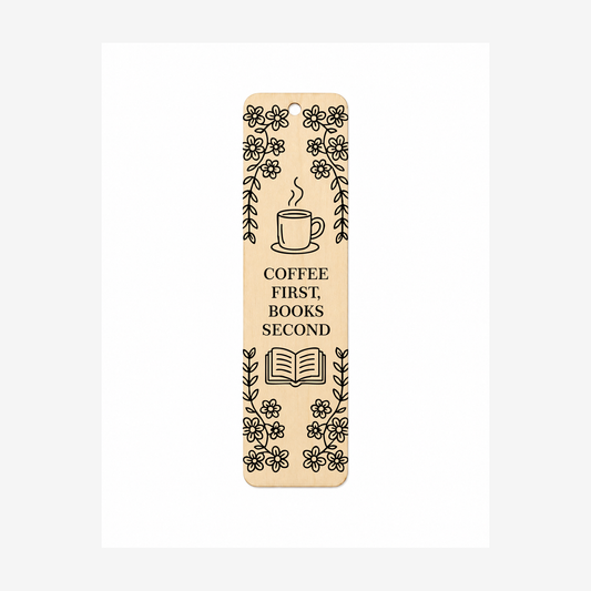 Coffee First Books Second oval wooden plaque on a white background