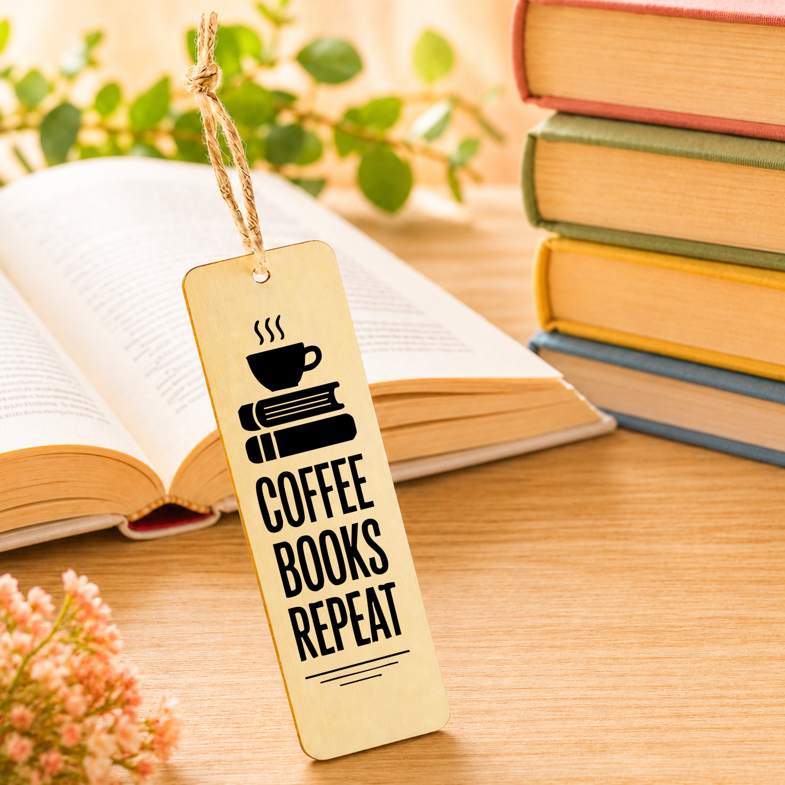 Coffee Books Repeat plaque displayed in a reading and coffee setting