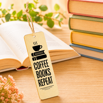 Coffee Books Repeat plaque displayed in a reading and coffee setting