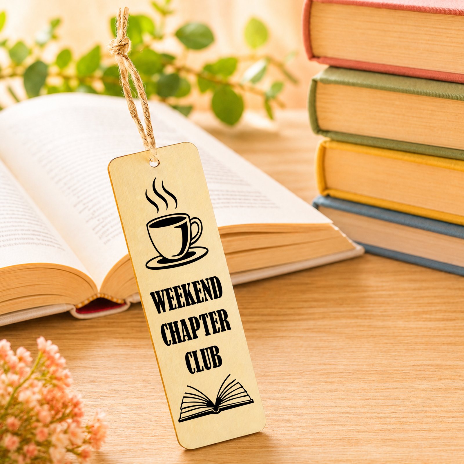 Weekend Chapter Club wooden bookmark displayed with a book