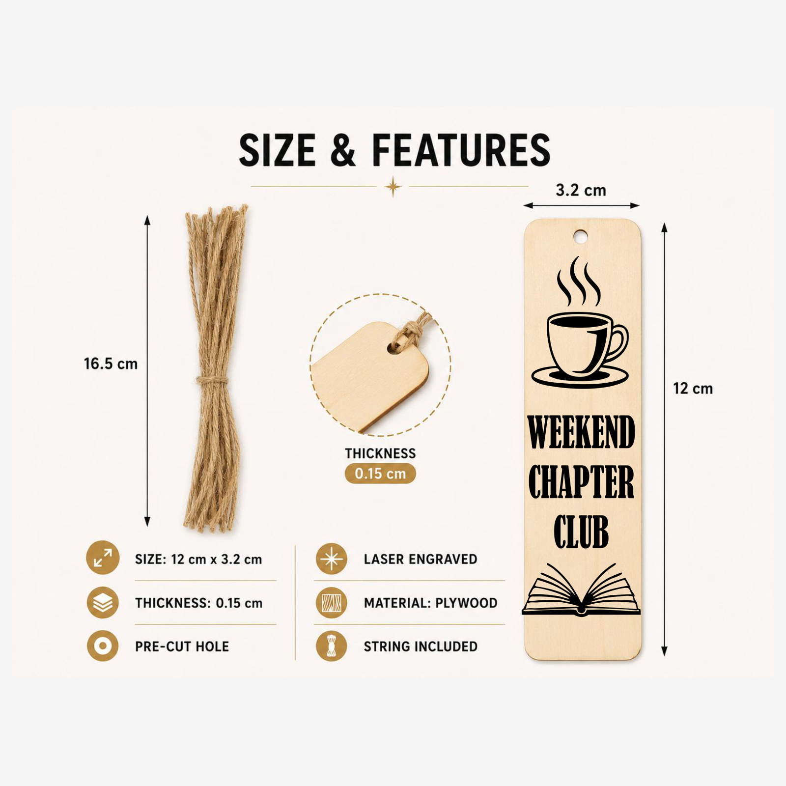 Weekend Chapter Club bookmark showing 12 x 3.23 cm size and product features