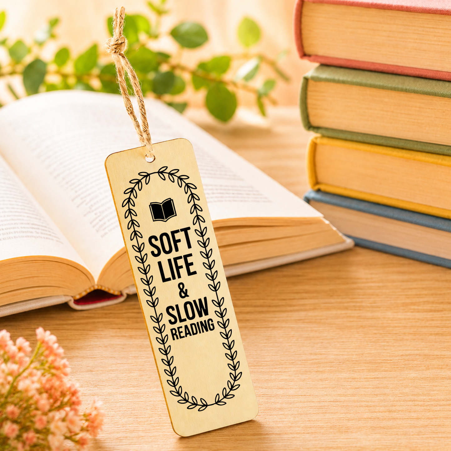Soft Life and Slow Reading wooden bookmark design two displayed with a book