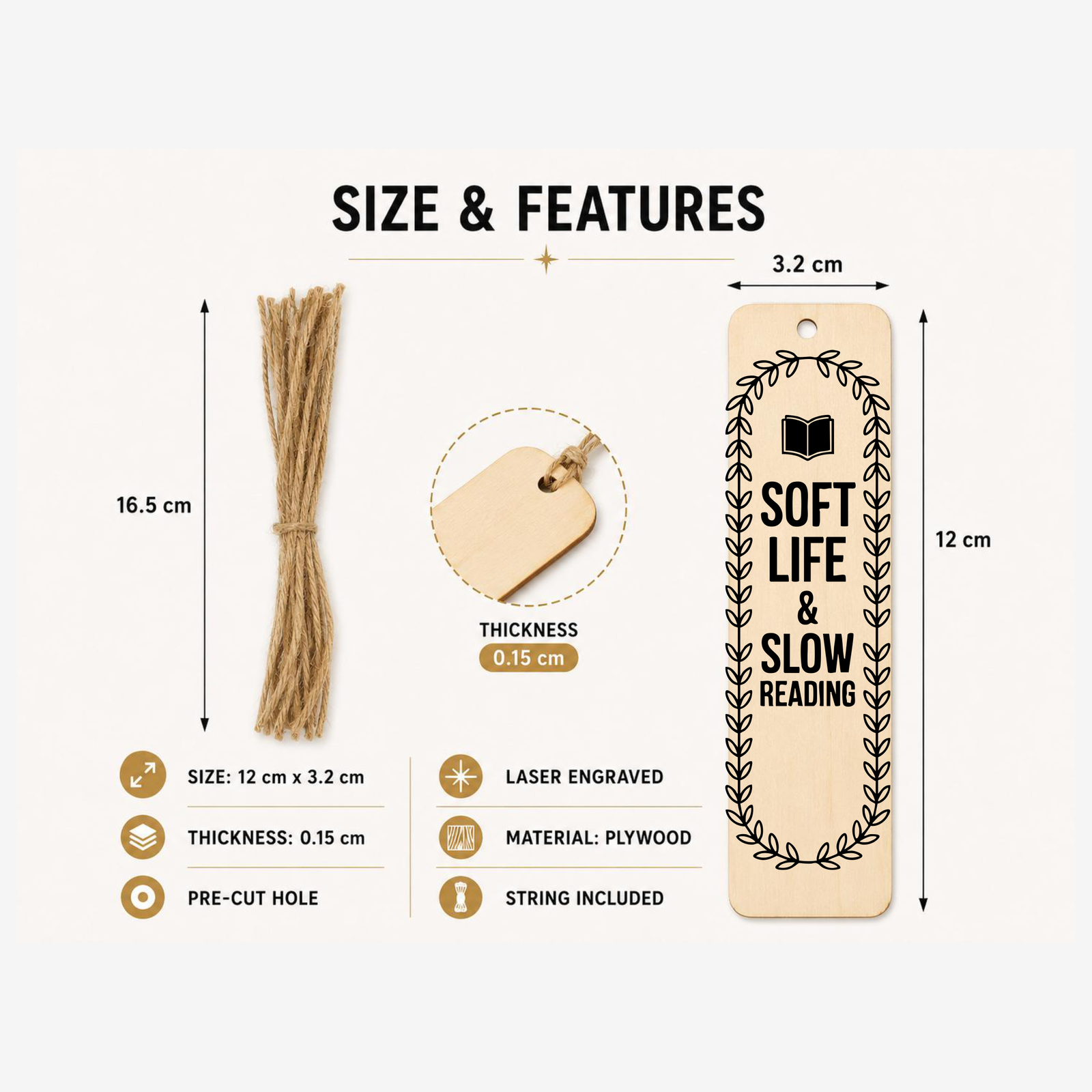 Soft Life and Slow Reading bookmark design two showing 12 x 3.23 cm size and product features