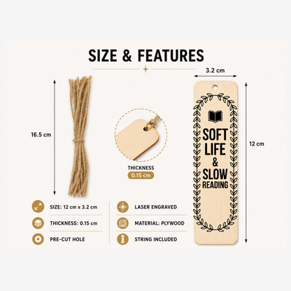 Soft Life and Slow Reading bookmark design two showing 12 x 3.23 cm size and product features