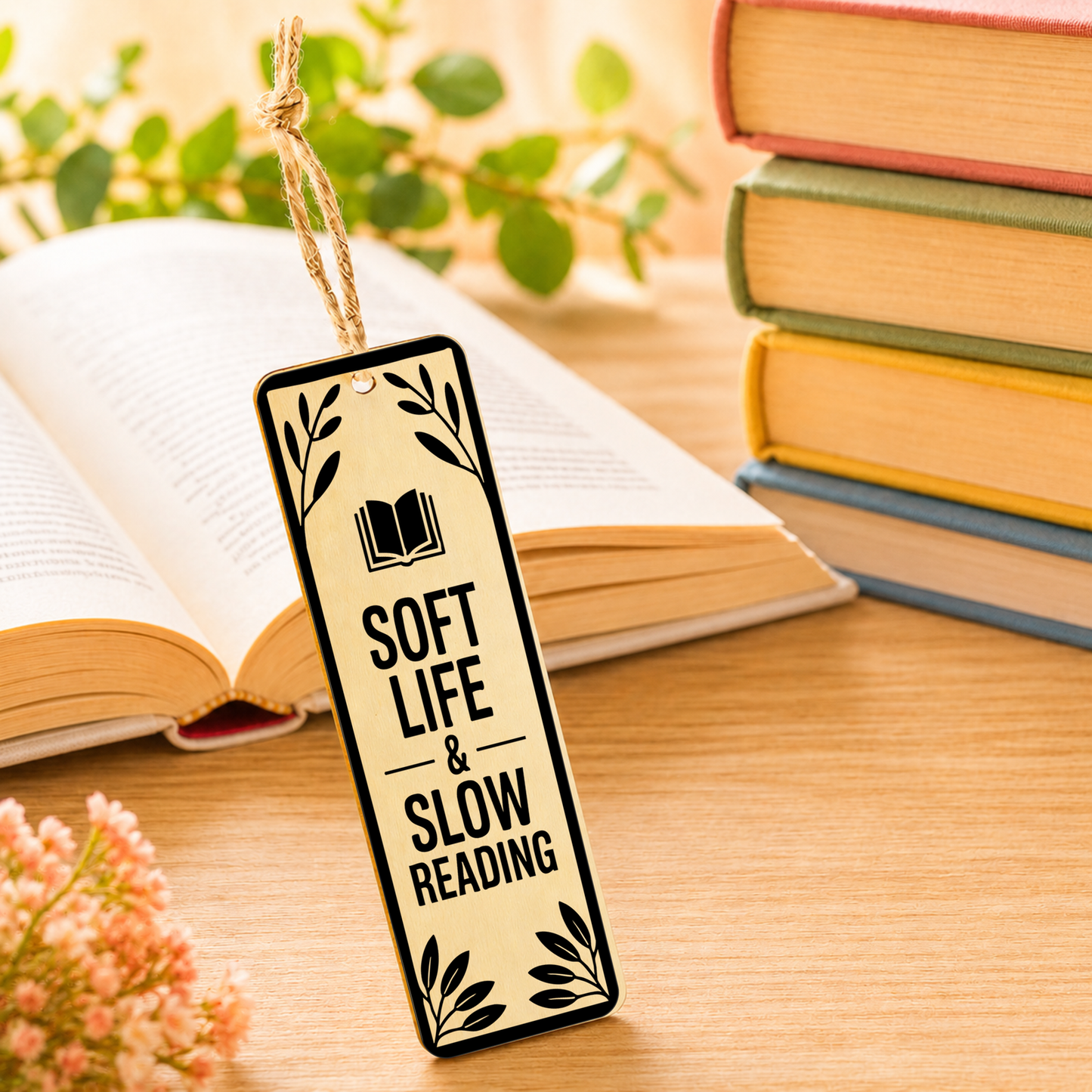 Soft Life and Slow Reading wooden bookmark displayed with a book