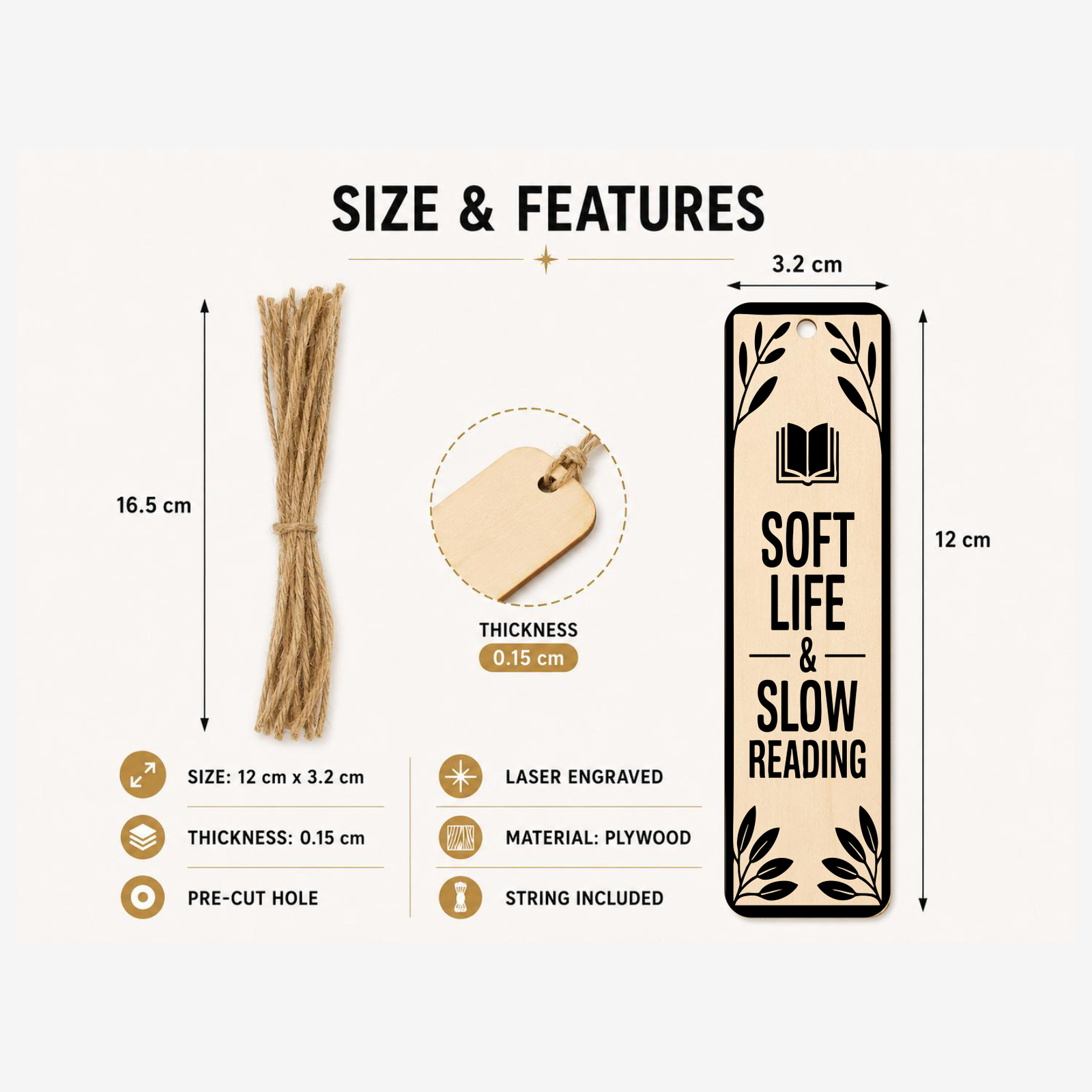 Soft Life and Slow Reading bookmark showing 12 x 3.23 cm size and product features
