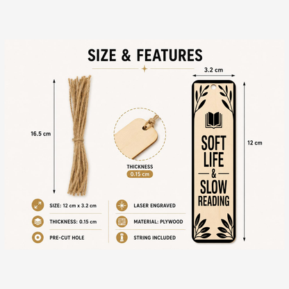 Soft Life and Slow Reading bookmark showing 12 x 3.23 cm size and product features