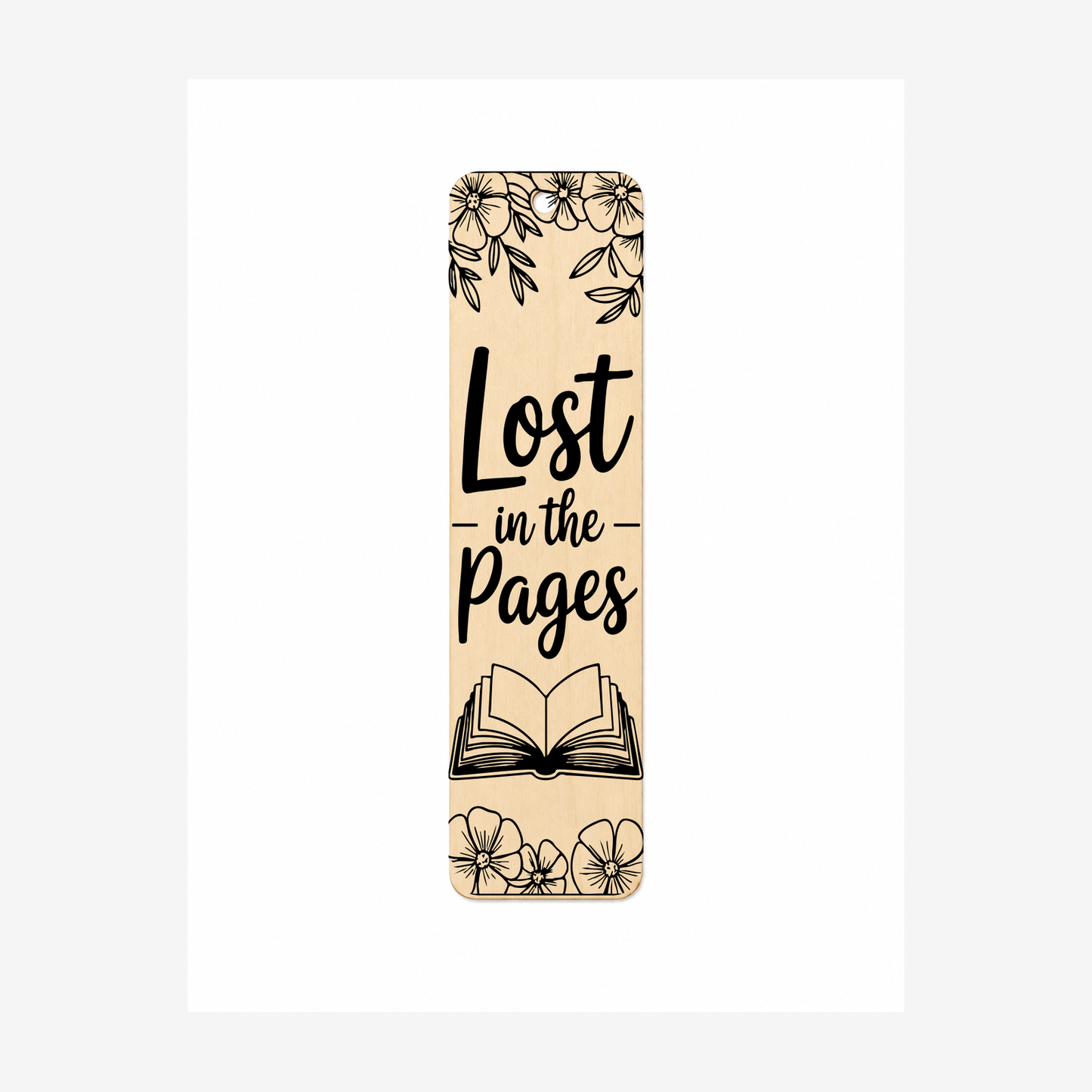 Lost in the Pages laser engraved wooden bookmark on a white background