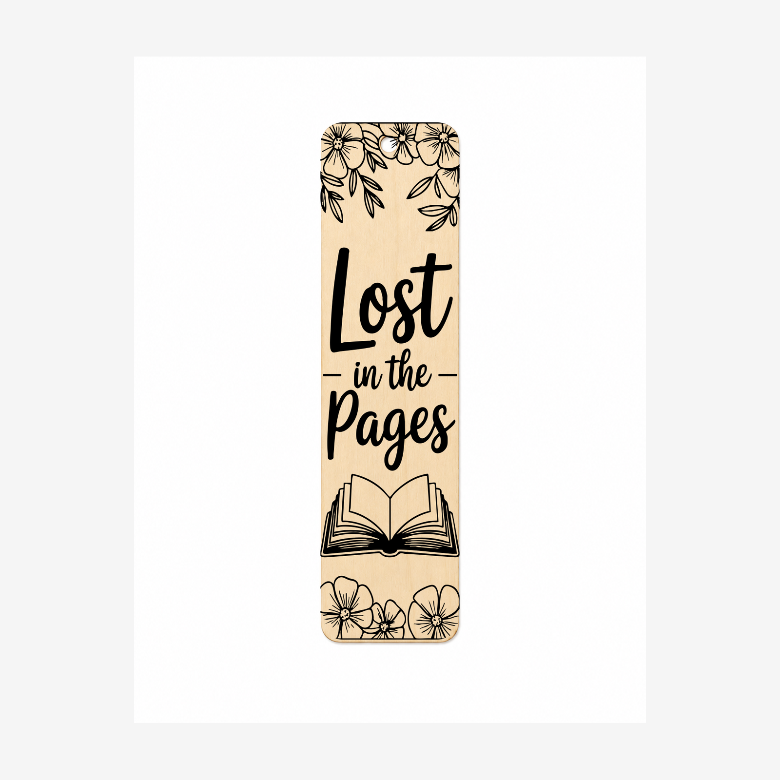 Lost in the Pages laser engraved wooden bookmark on a white background